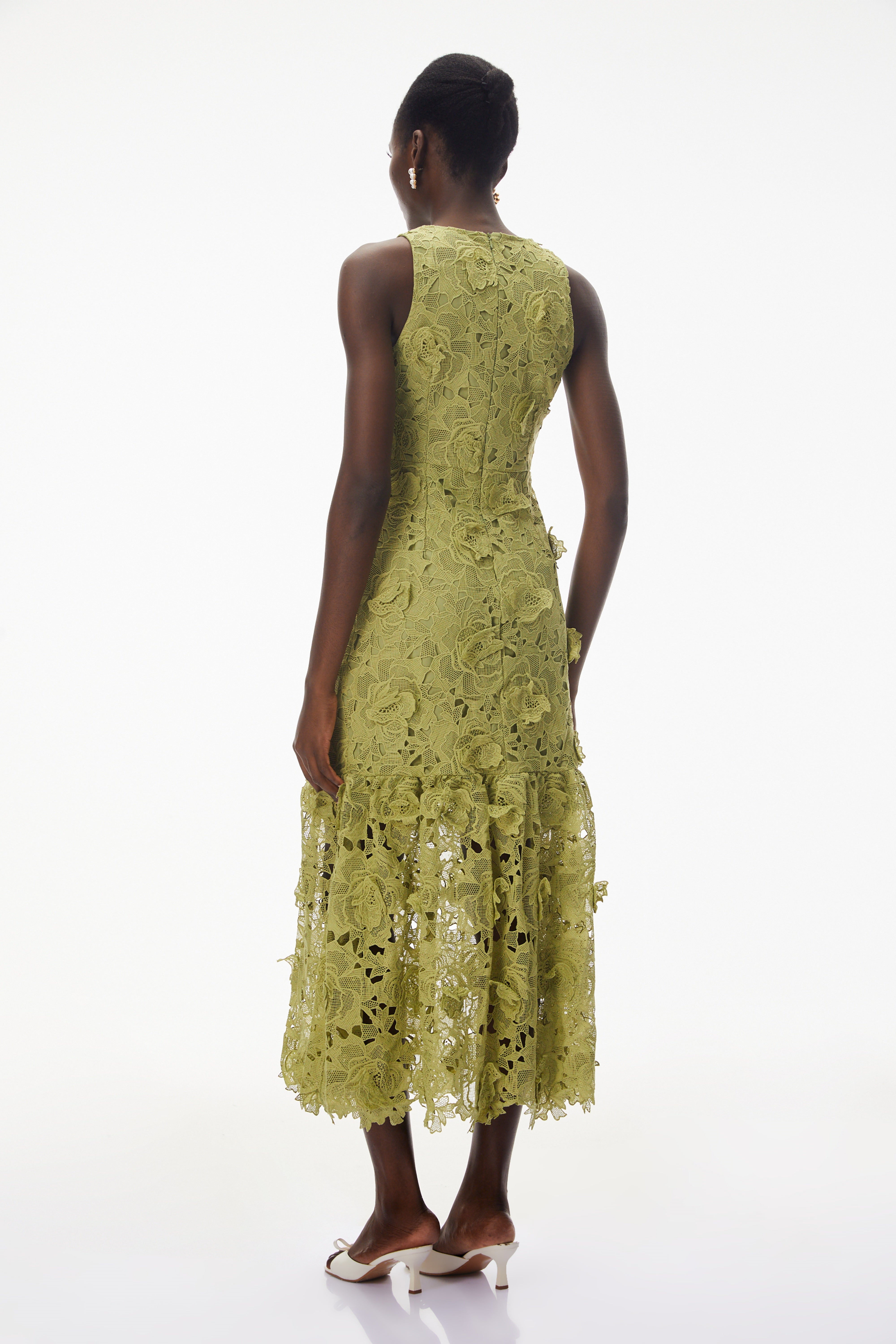 Briseis Olive Green Midi Dress with 3D Florals (Final Sale-US Only)