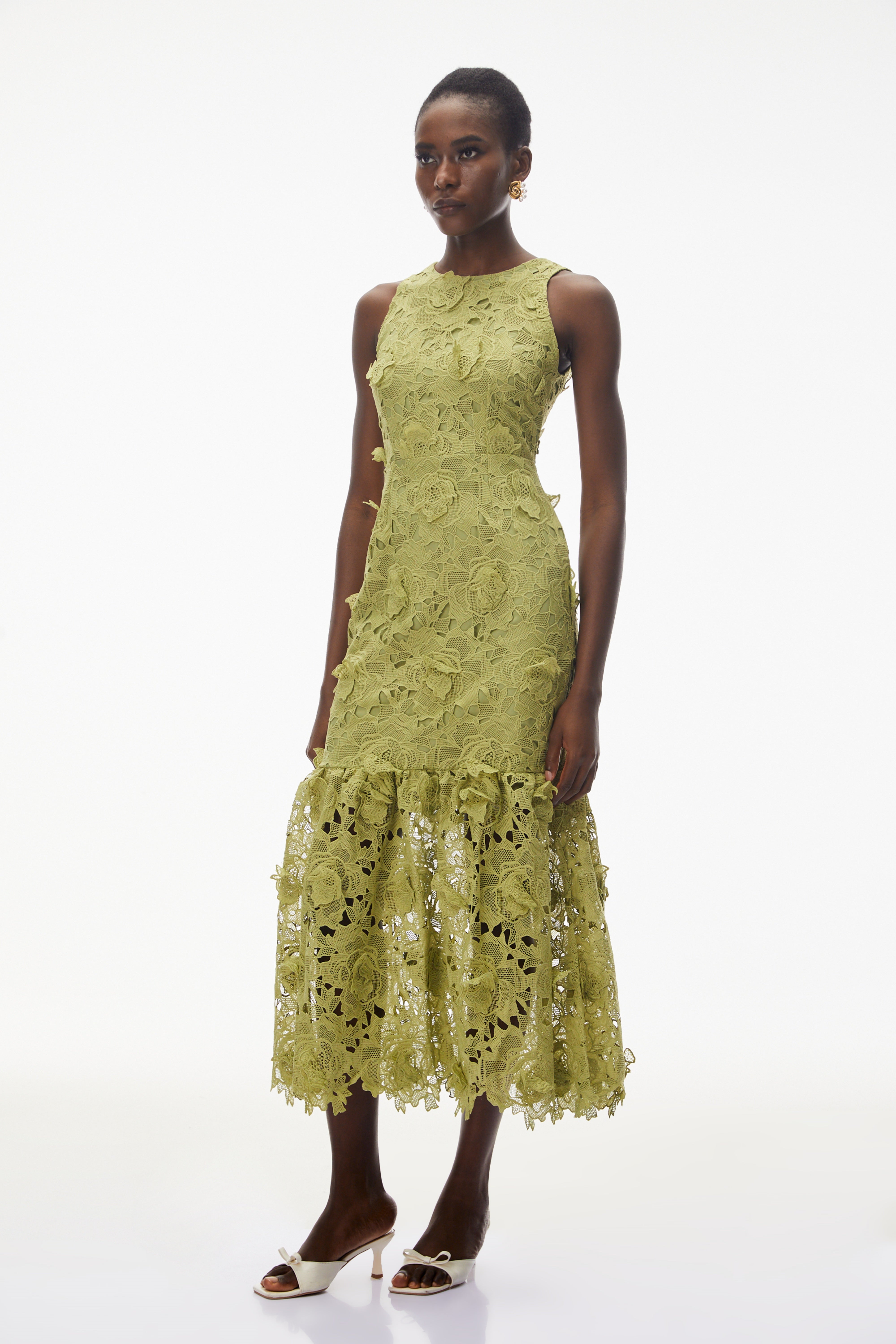 Briseis Olive Green Midi Dress with 3D Florals (Final Sale-US Only)