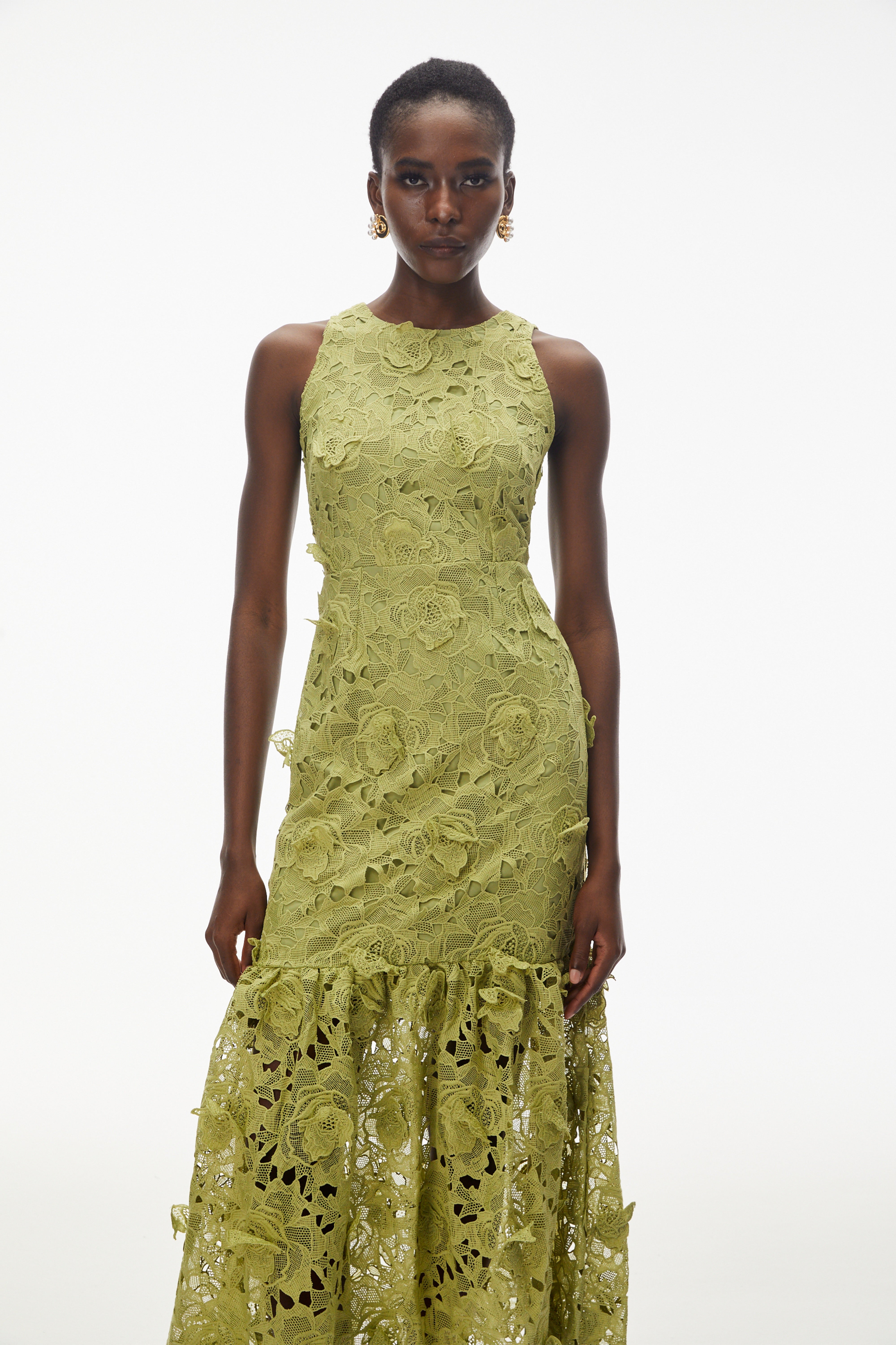 Briseis Olive Green Midi Dress with 3D Florals (Final Sale-US Only)