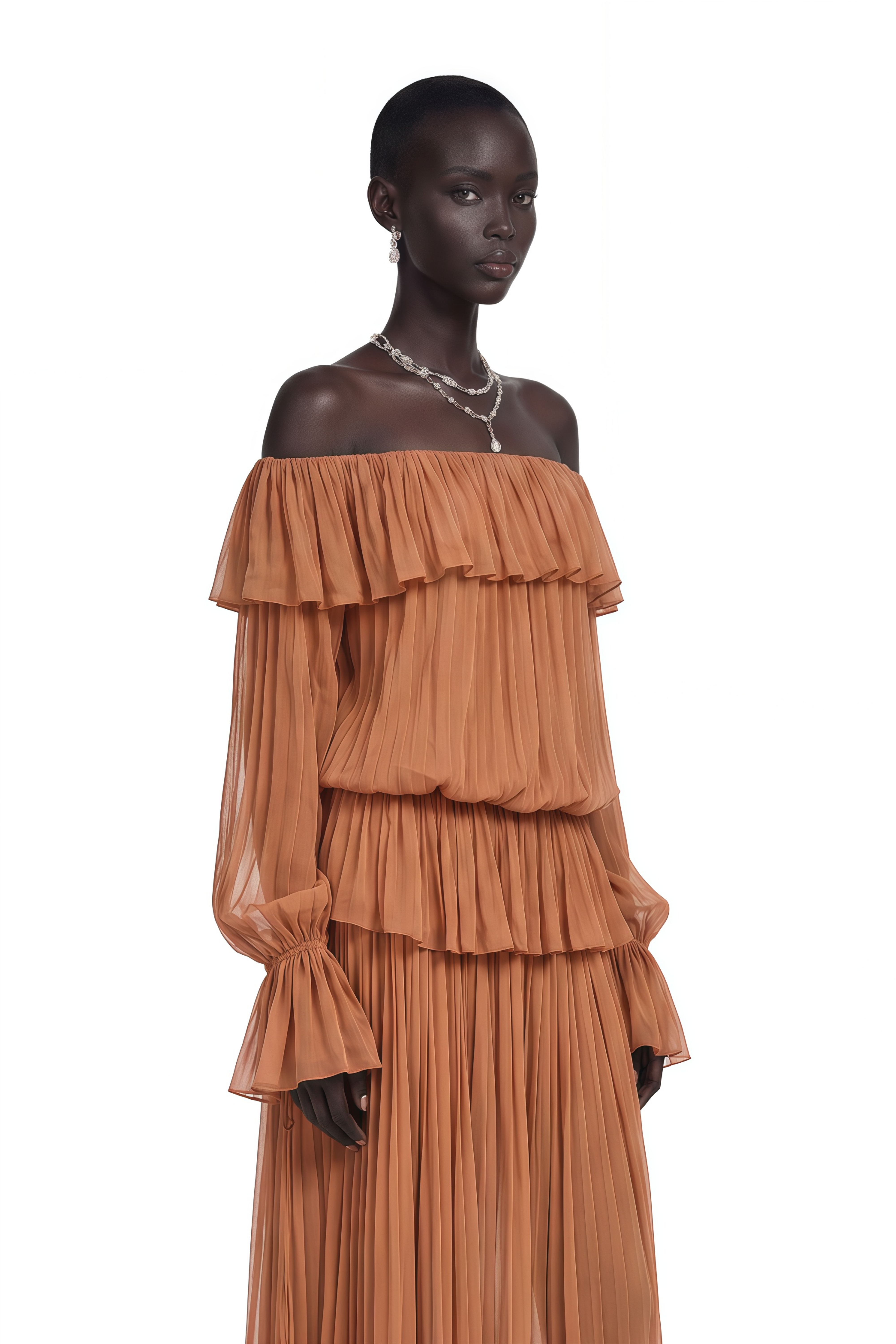 Calantha Chocolate Brown Off Shoulder Ruffled Top & Skirt Set