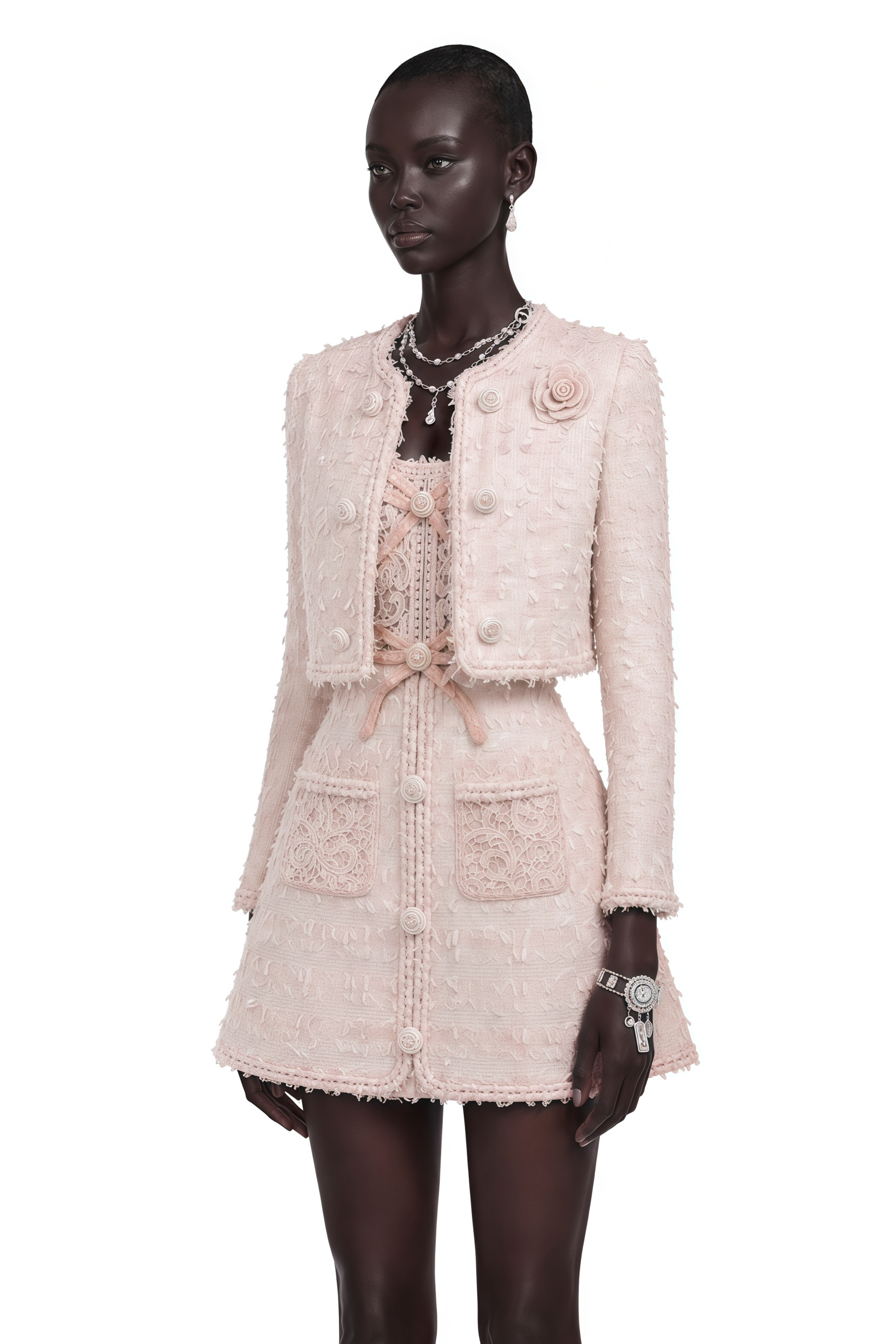 Light pink tweed cropped jacket and matching button-front mini skirt