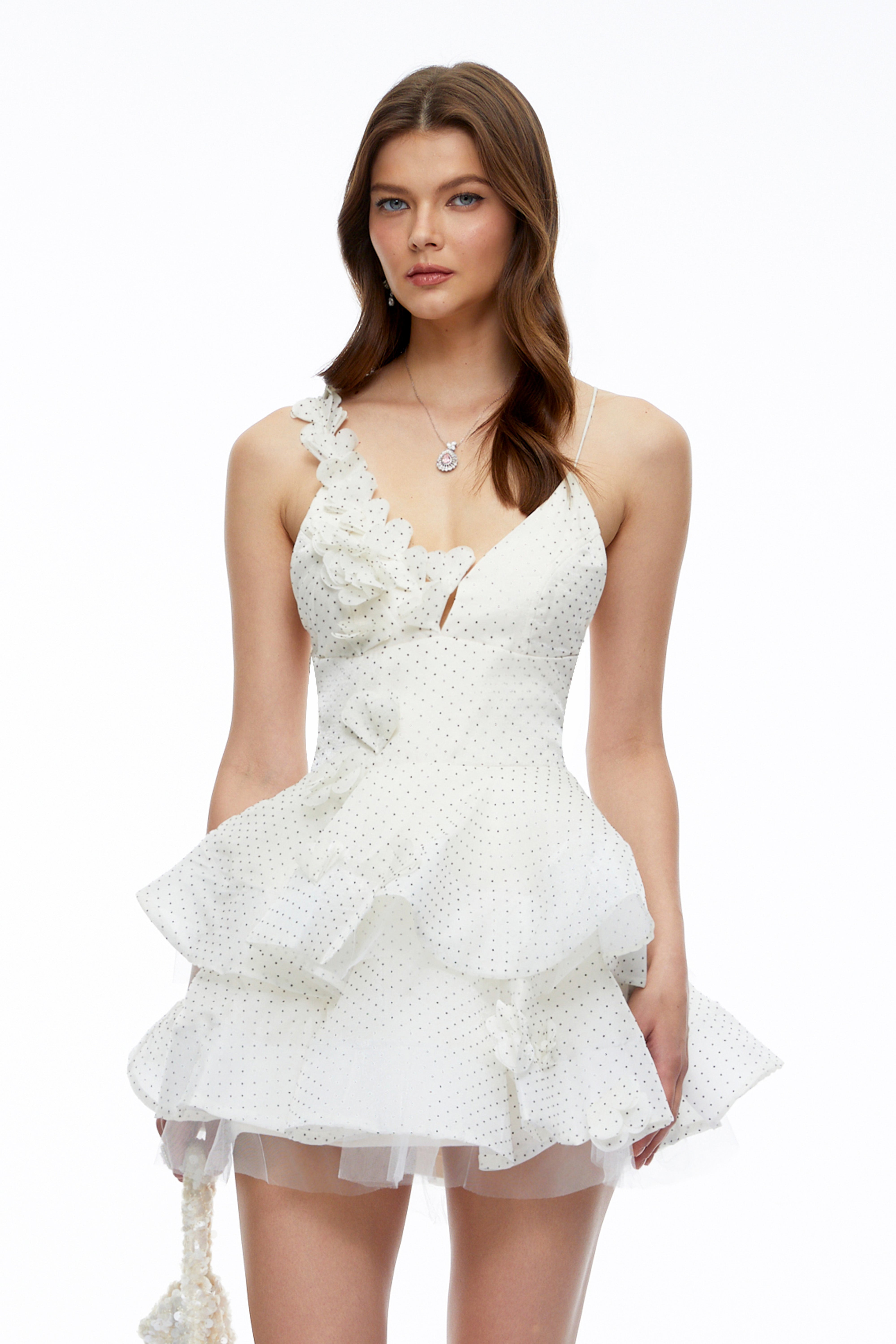Capucine Neutral Polka Dot Floral Ruffled Mini Dress