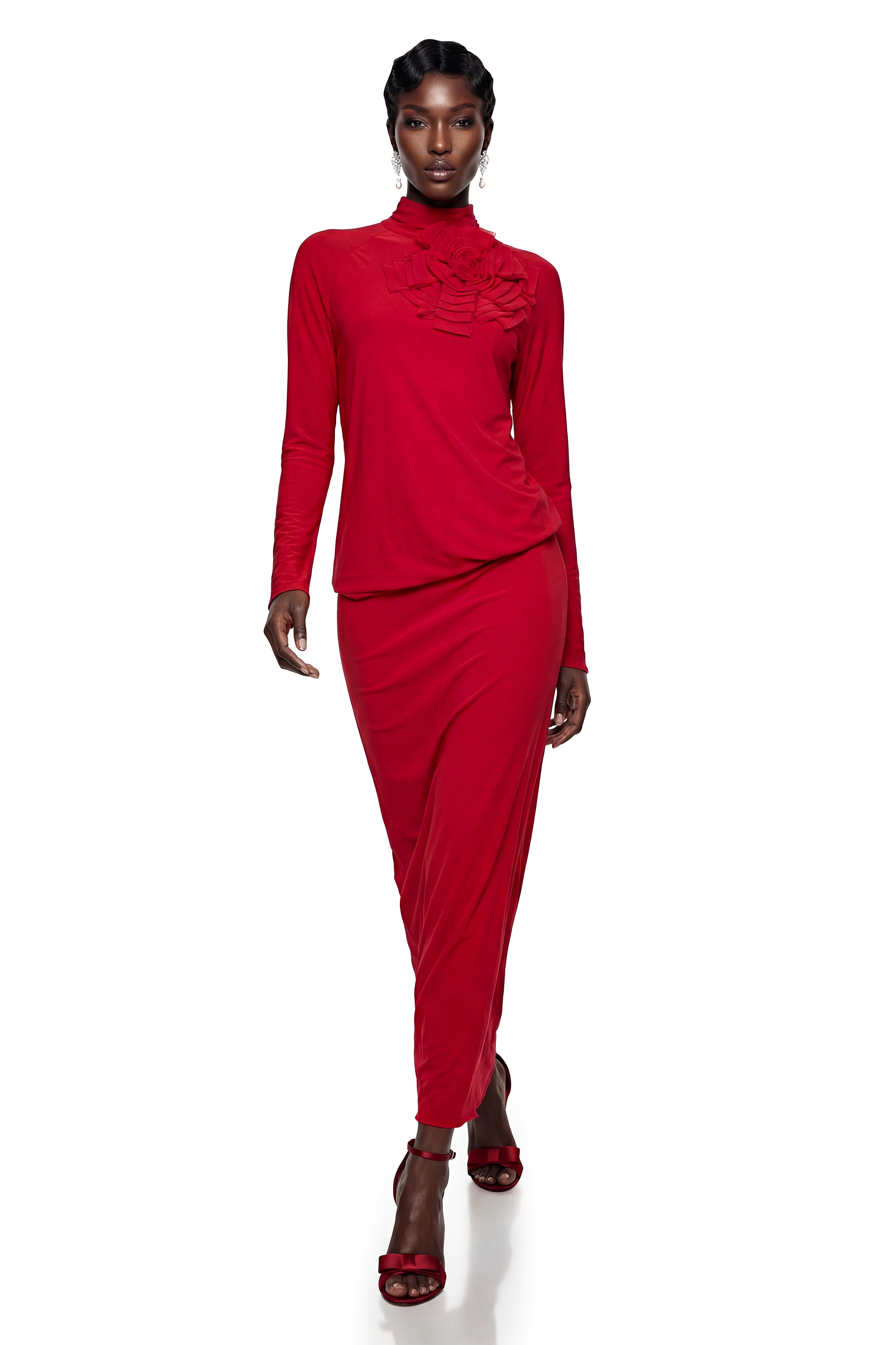 Caroline Red Maxi Dress with 3D Petals (Final Sale)