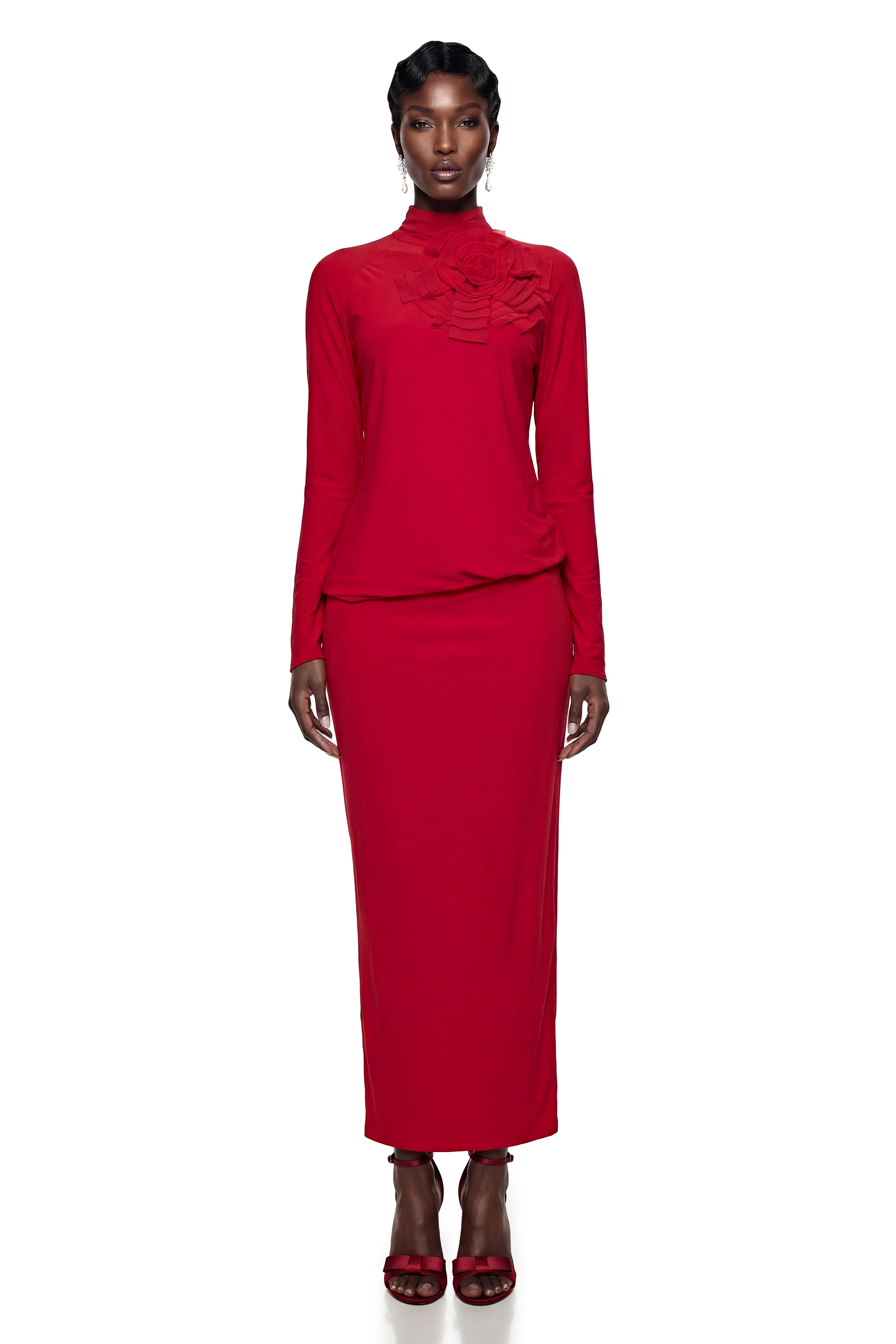 Caroline Red Maxi Dress with 3D Petals (Final Sale)