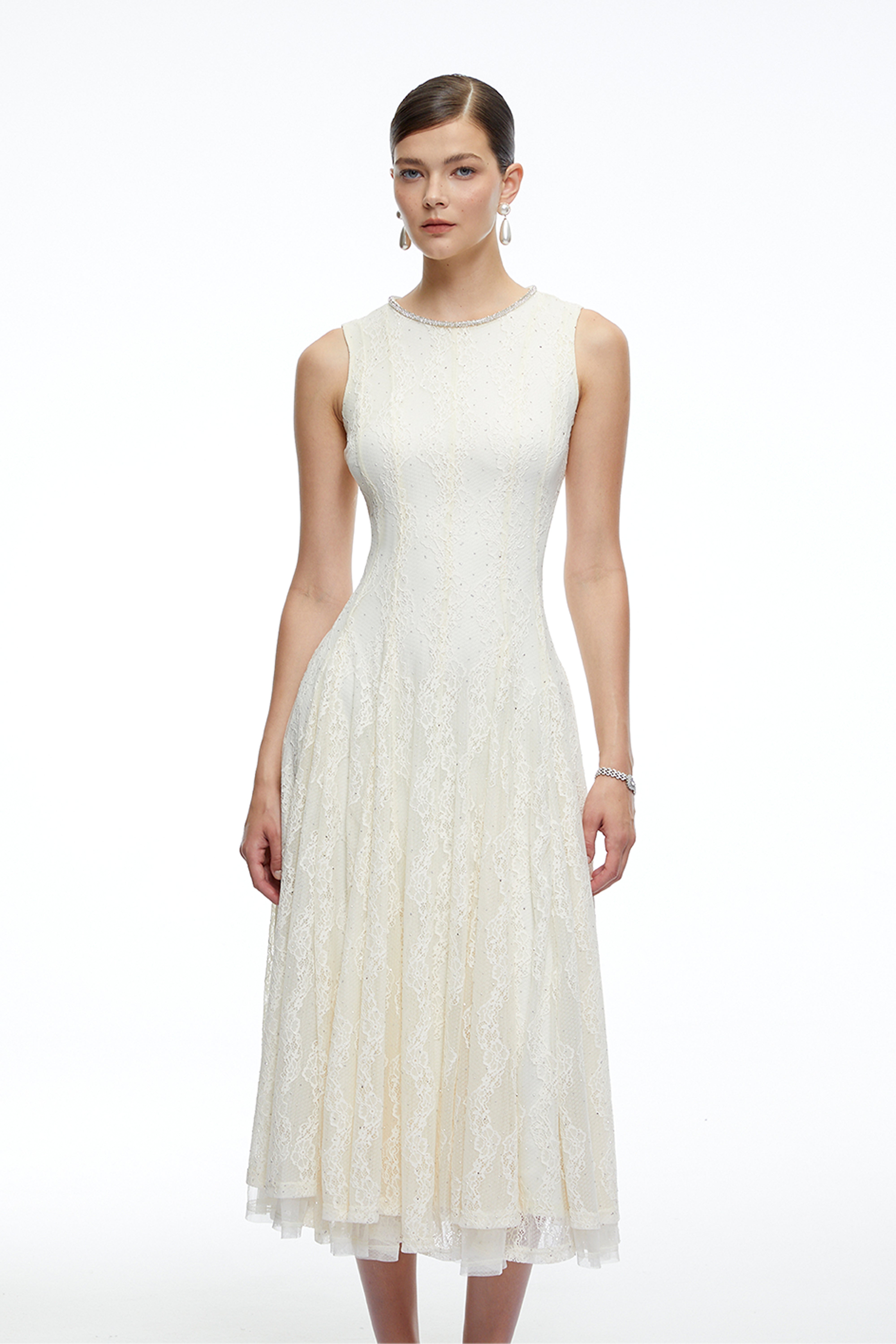 Cassia White Embroidered Midi Dress with Lace