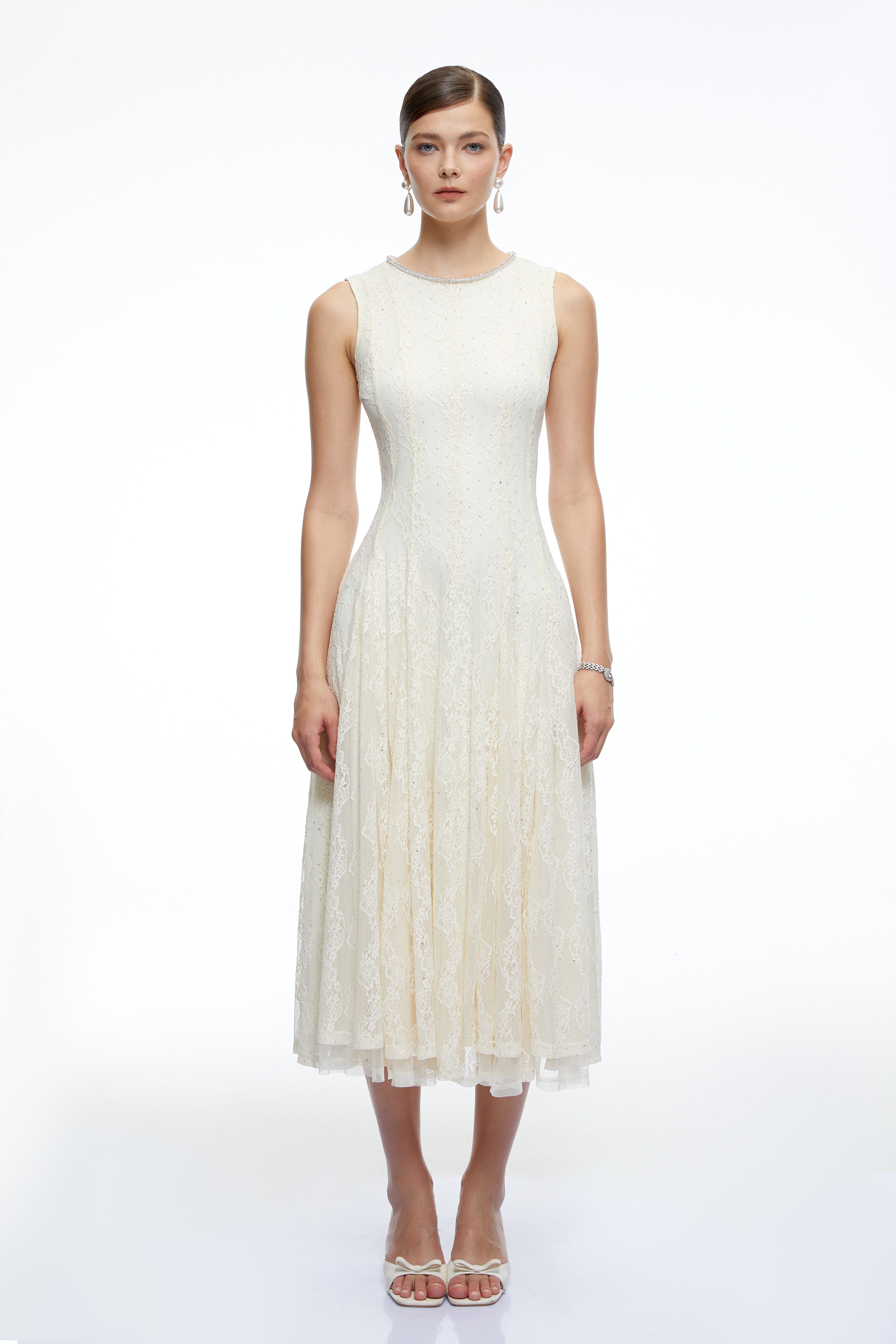 Cassia White Embroidered Midi Dress with Lace
