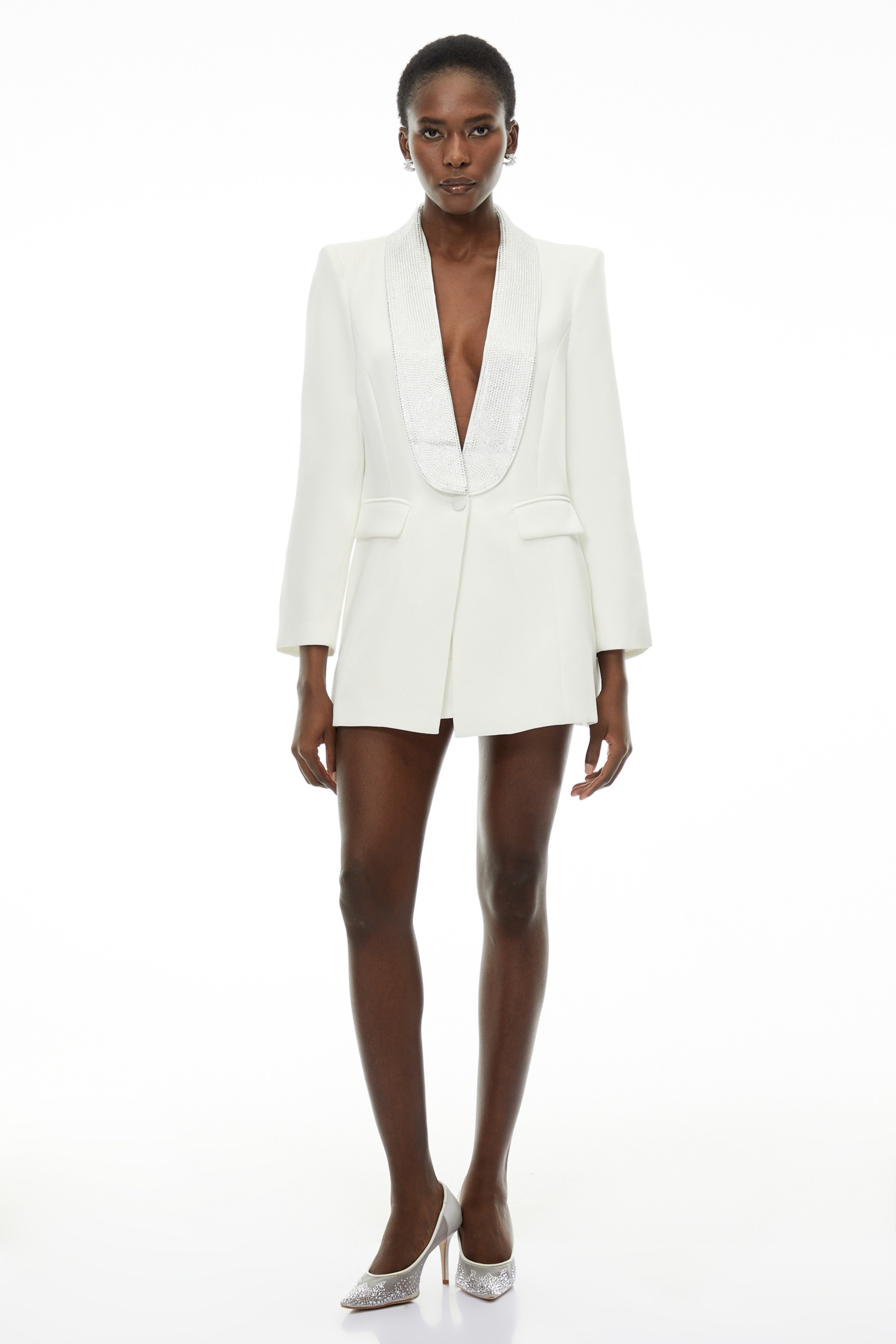Caterina White Plunge Neck Embellished Blazer (Final Sale)