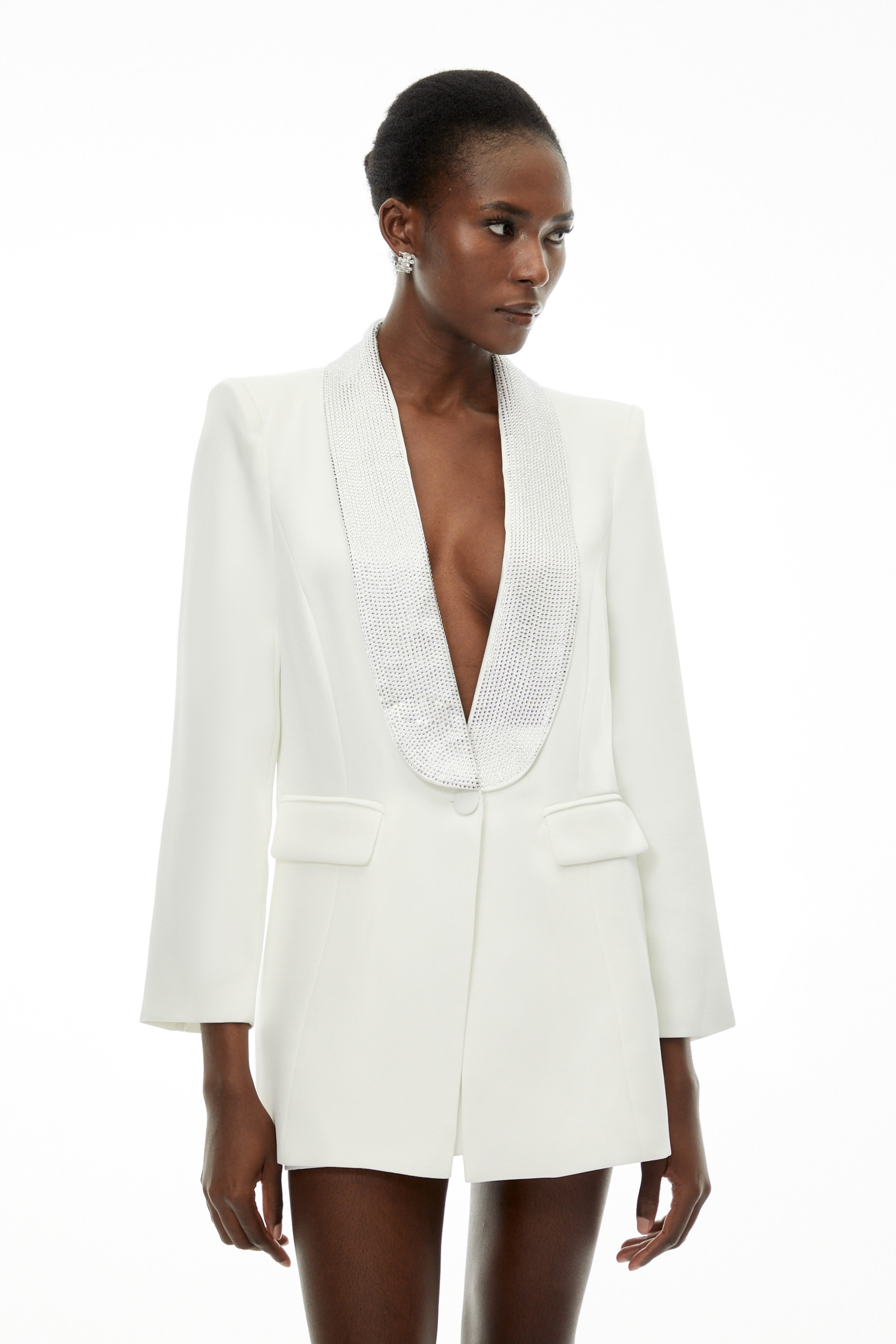 Caterina White Plunge Neck Embellished Blazer (Final Sale)