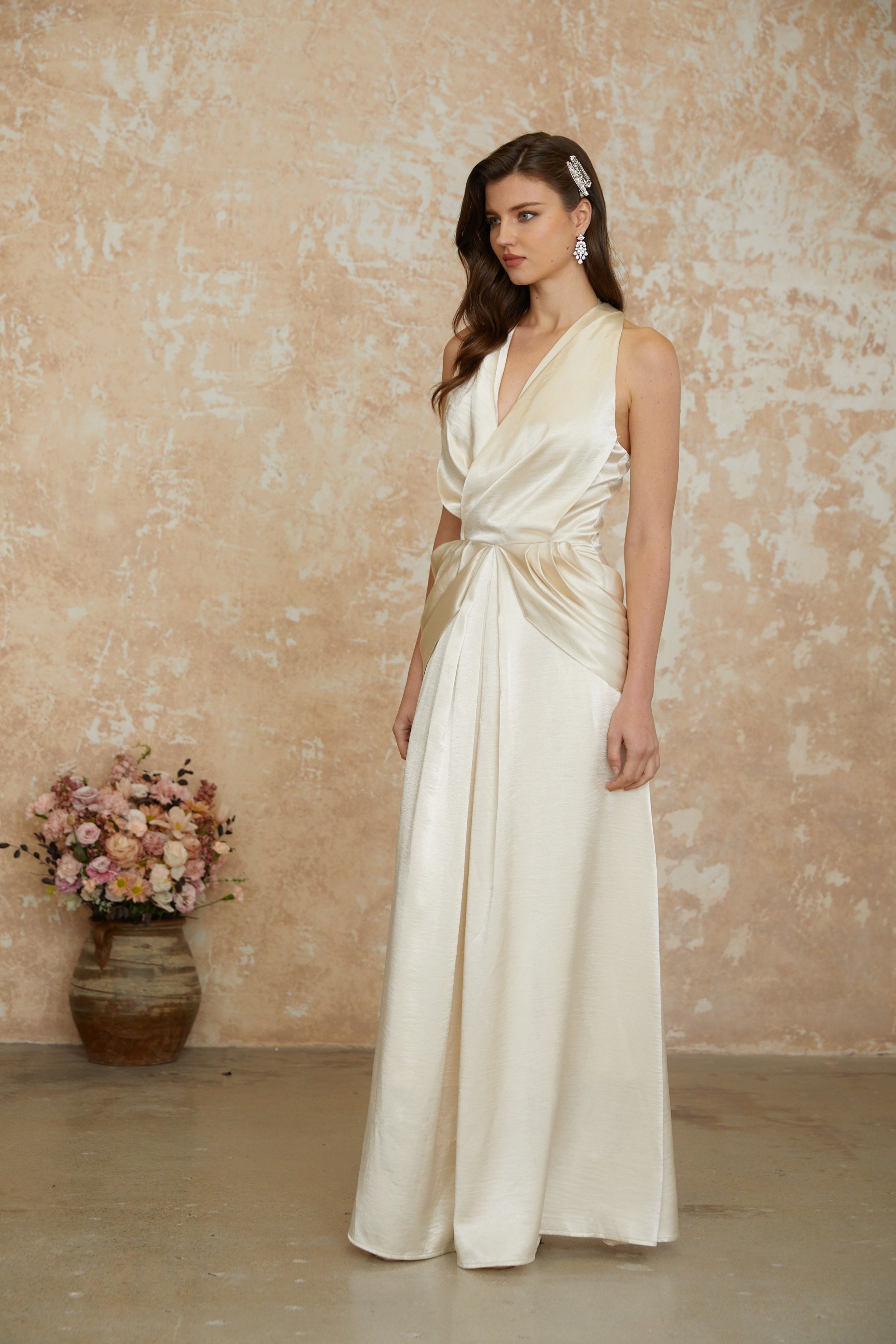 Cathmore Champagne Halterneck Draped Maxi Dress (Final Sale)