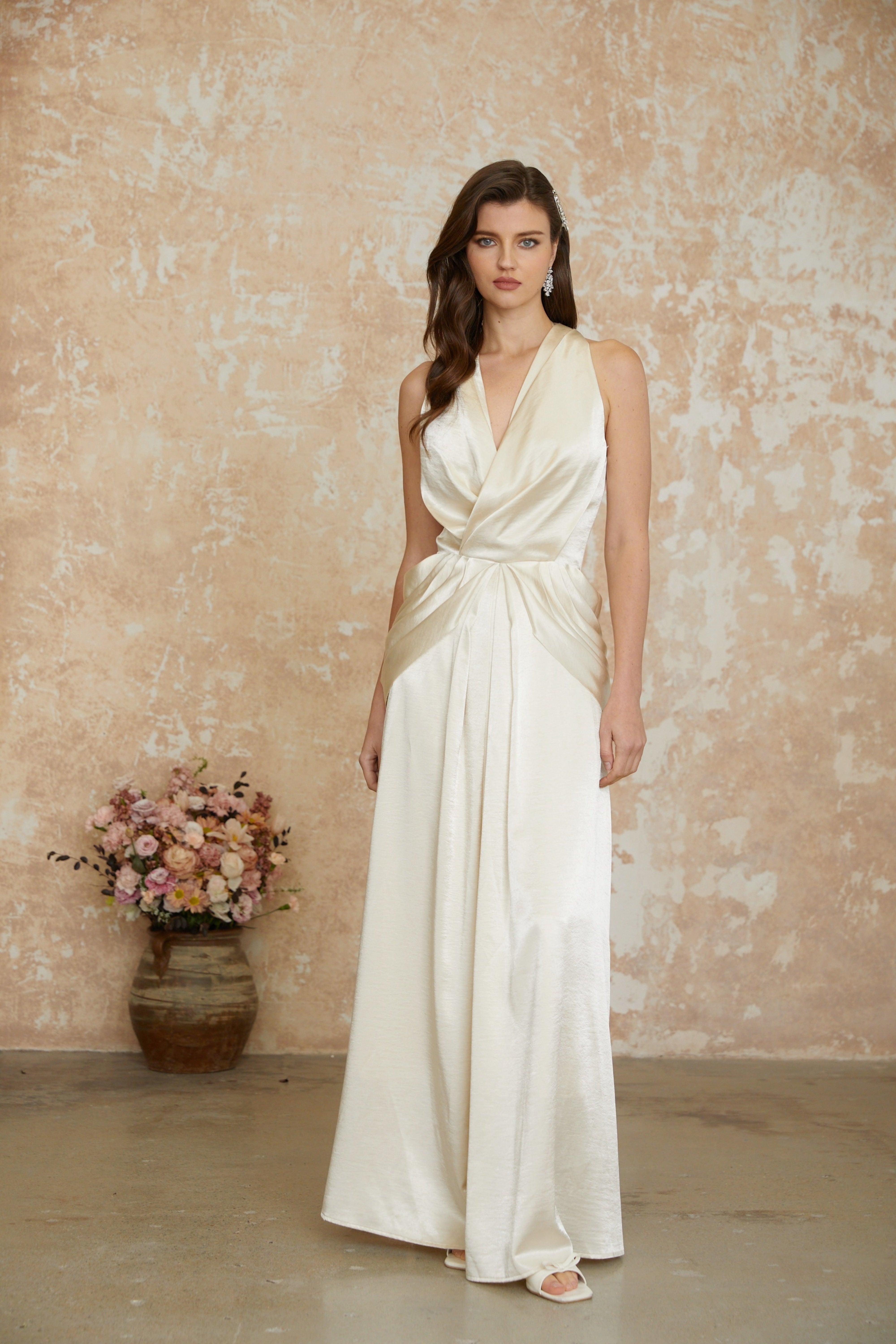 Cathmore Champagne Halterneck Draped Maxi Dress (Final Sale)