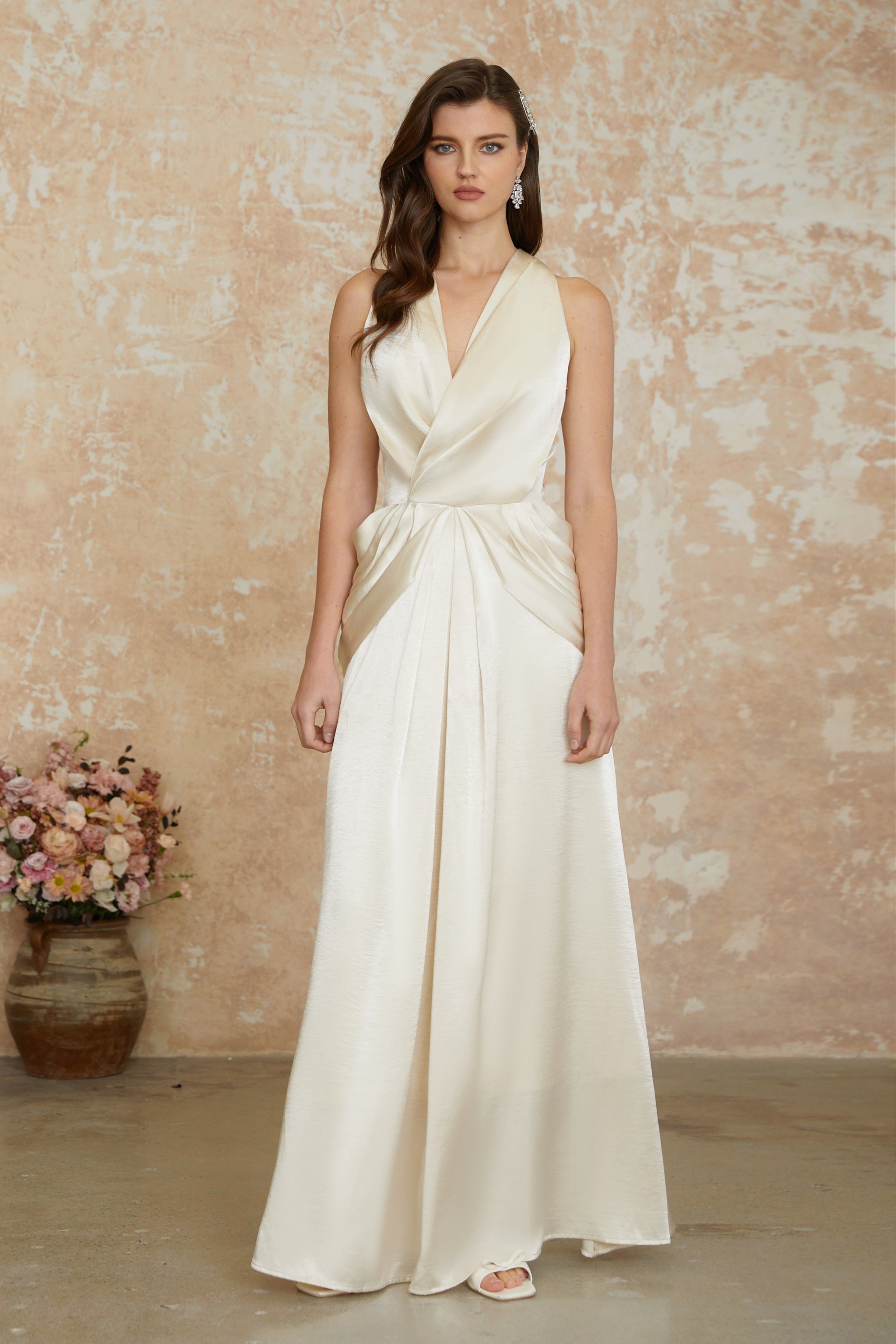 Cathmore Champagne Halterneck Draped Maxi Dress (Final Sale)