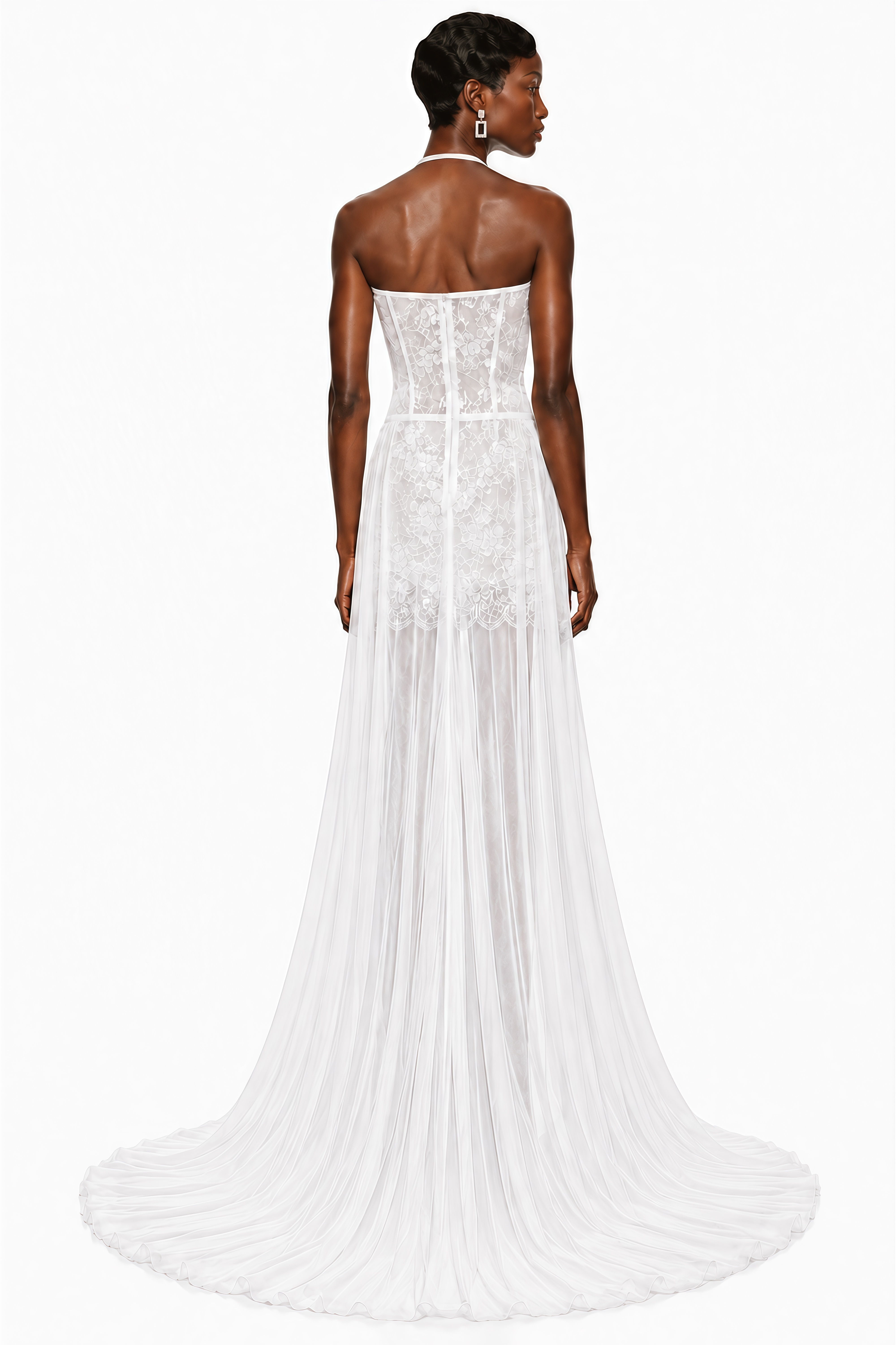 White halter lace mini dress with a corset bodice and long flowing train