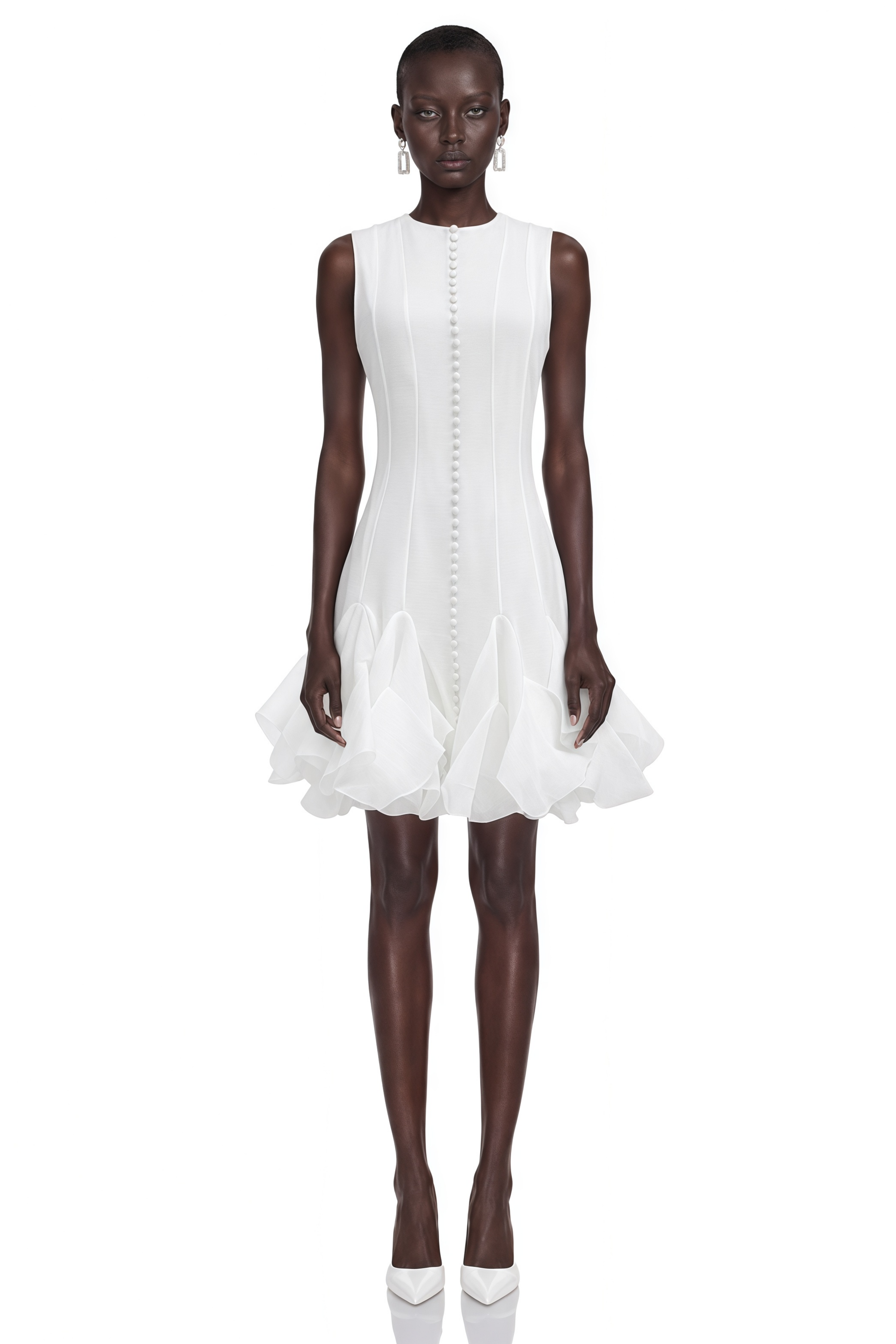 Cevher White Asymmetrical Mini Dress with Buttons