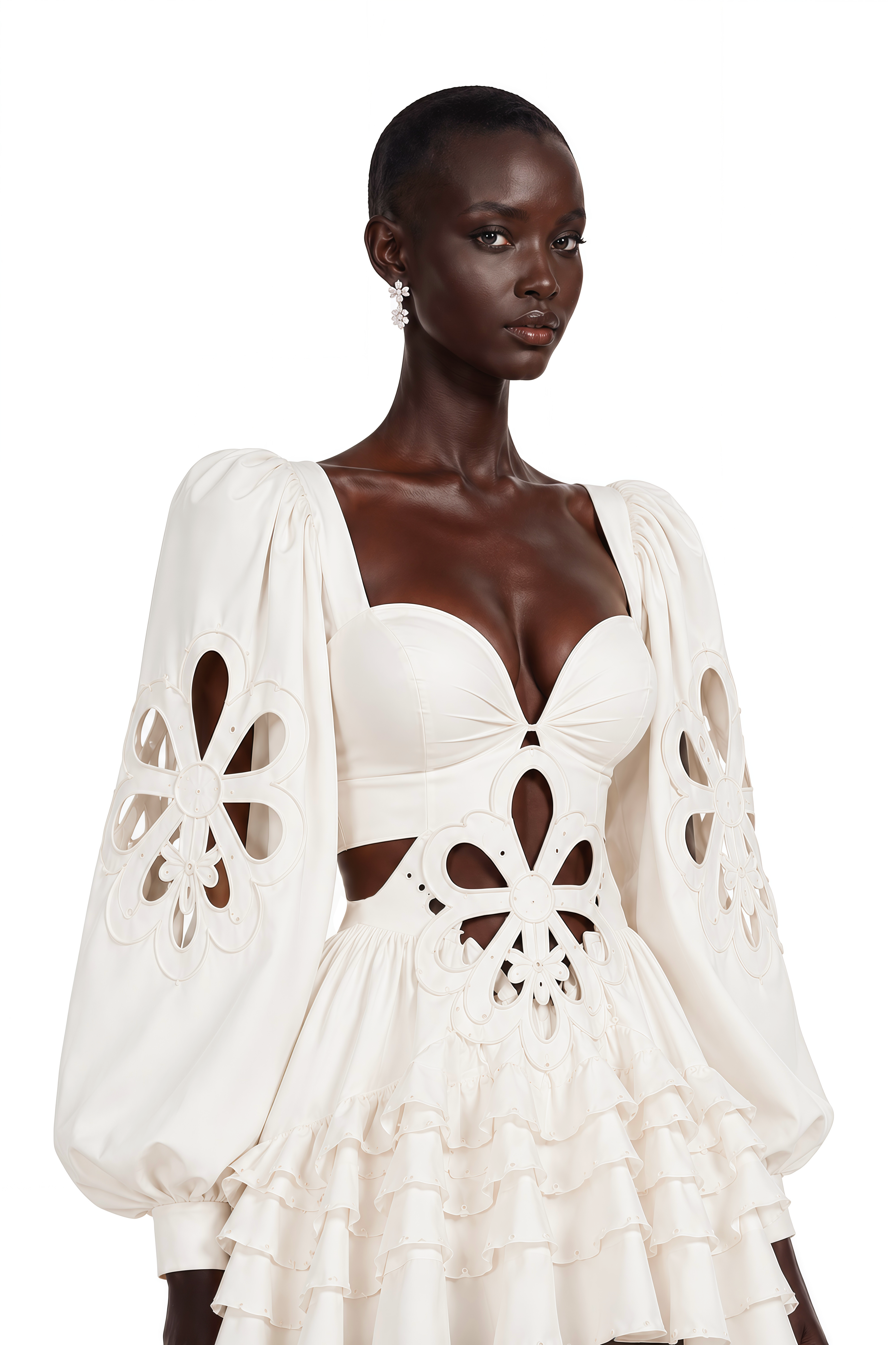 White high-low ruffle gown with cutout details