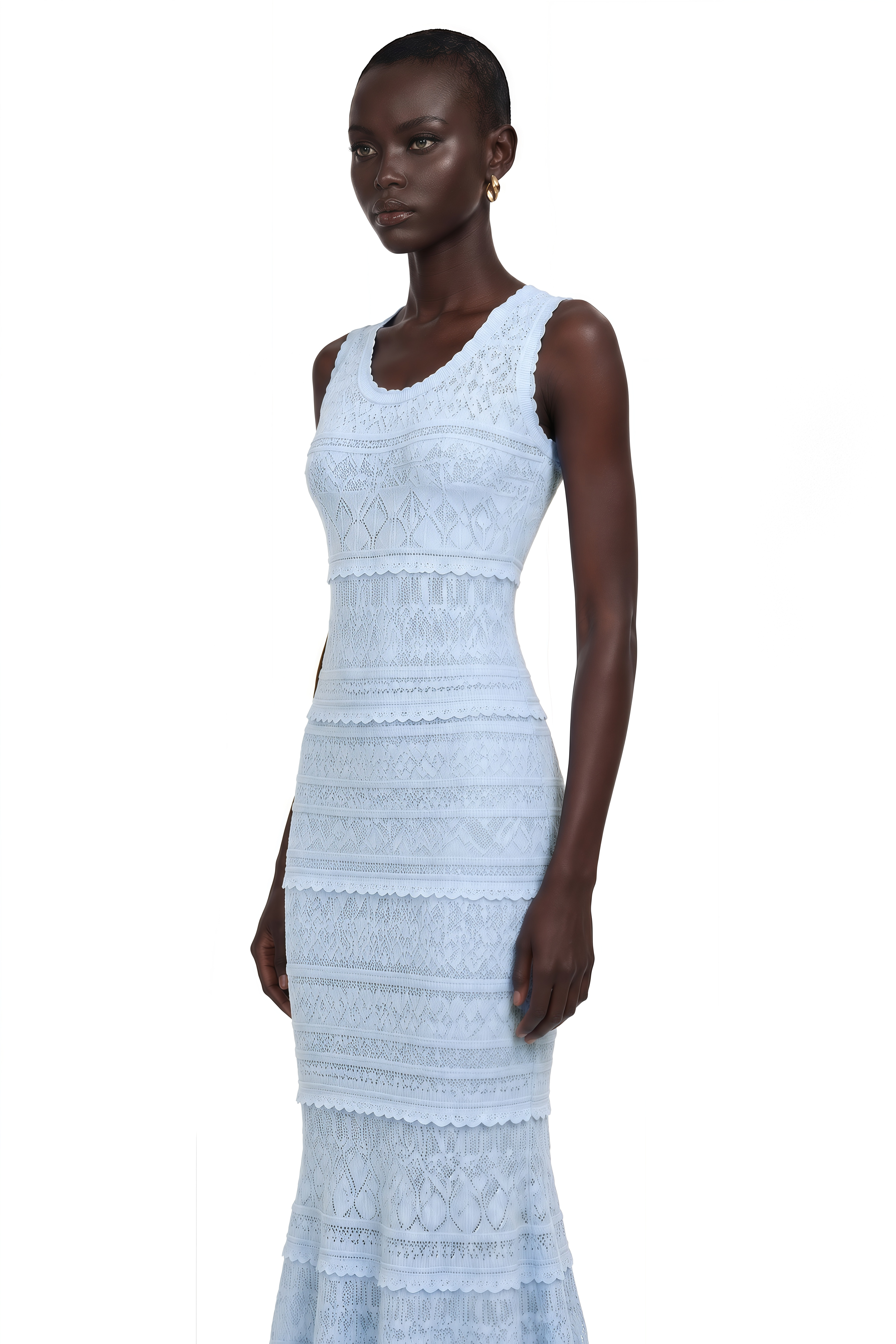 Mailys Blue Ruffled-Trim Crochet-Knit Midi Dress