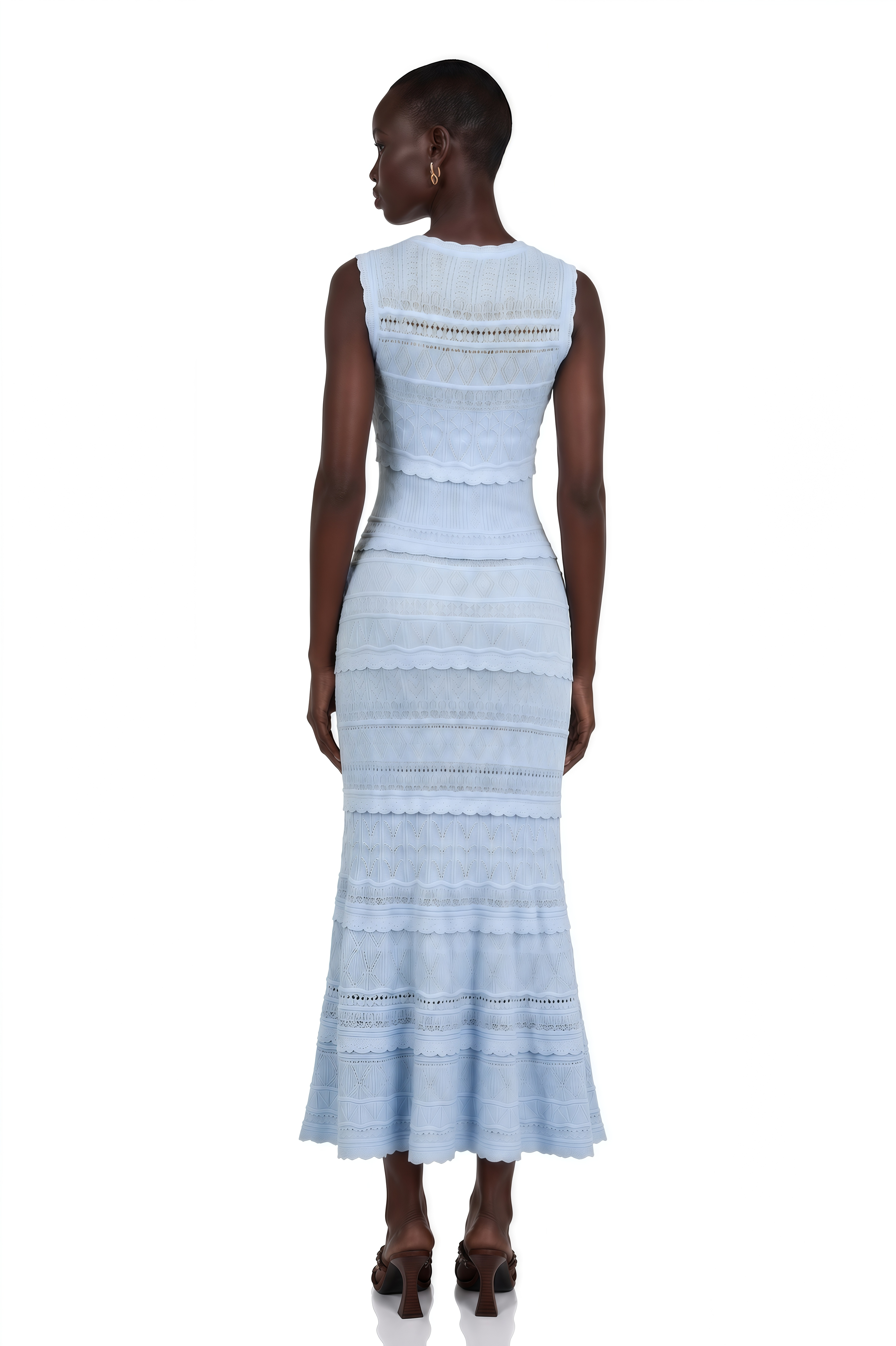 Mailys Blue Ruffled-Trim Crochet-Knit Midi Dress