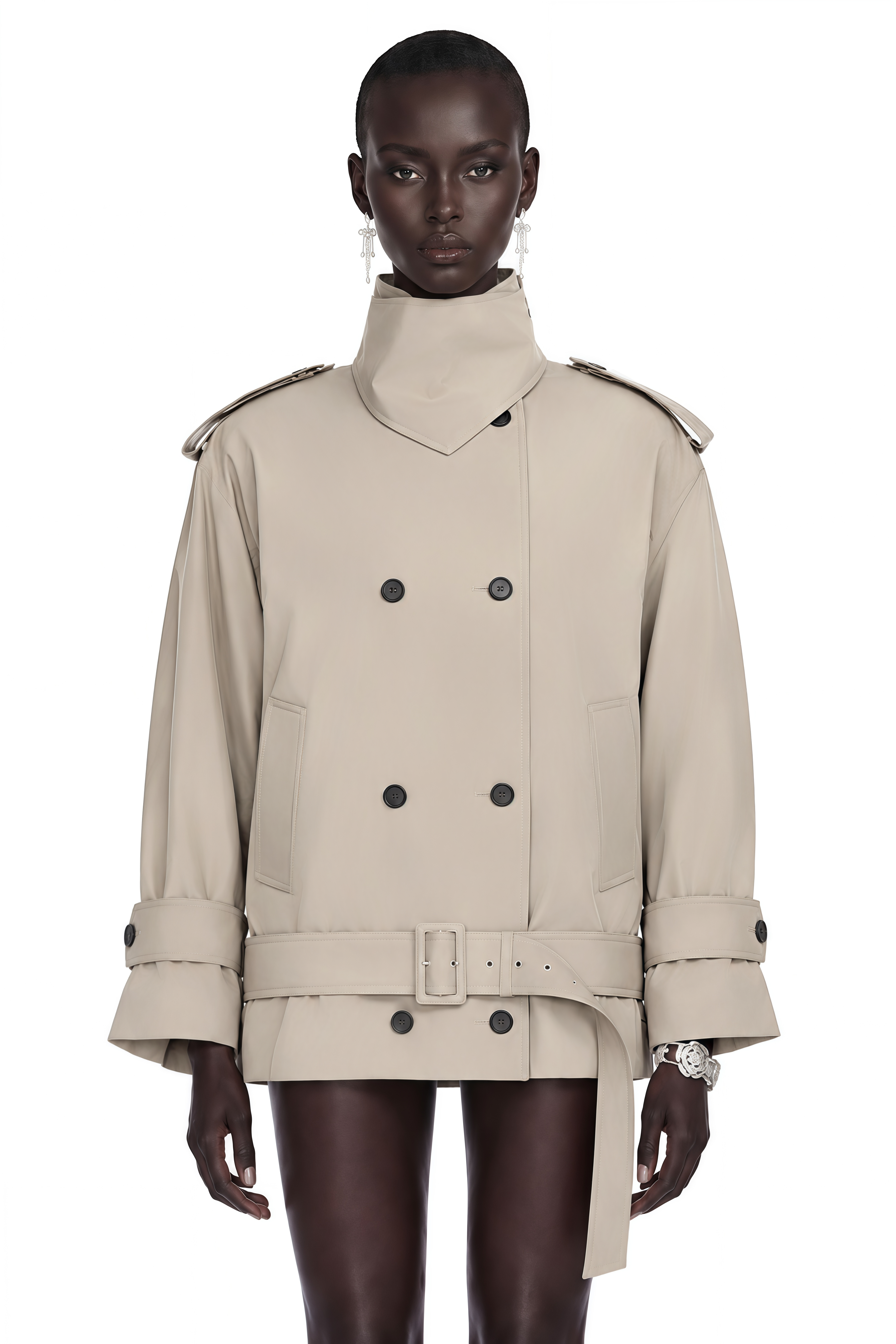 Mavis Grey Double-Breasted Belted Trench Coat