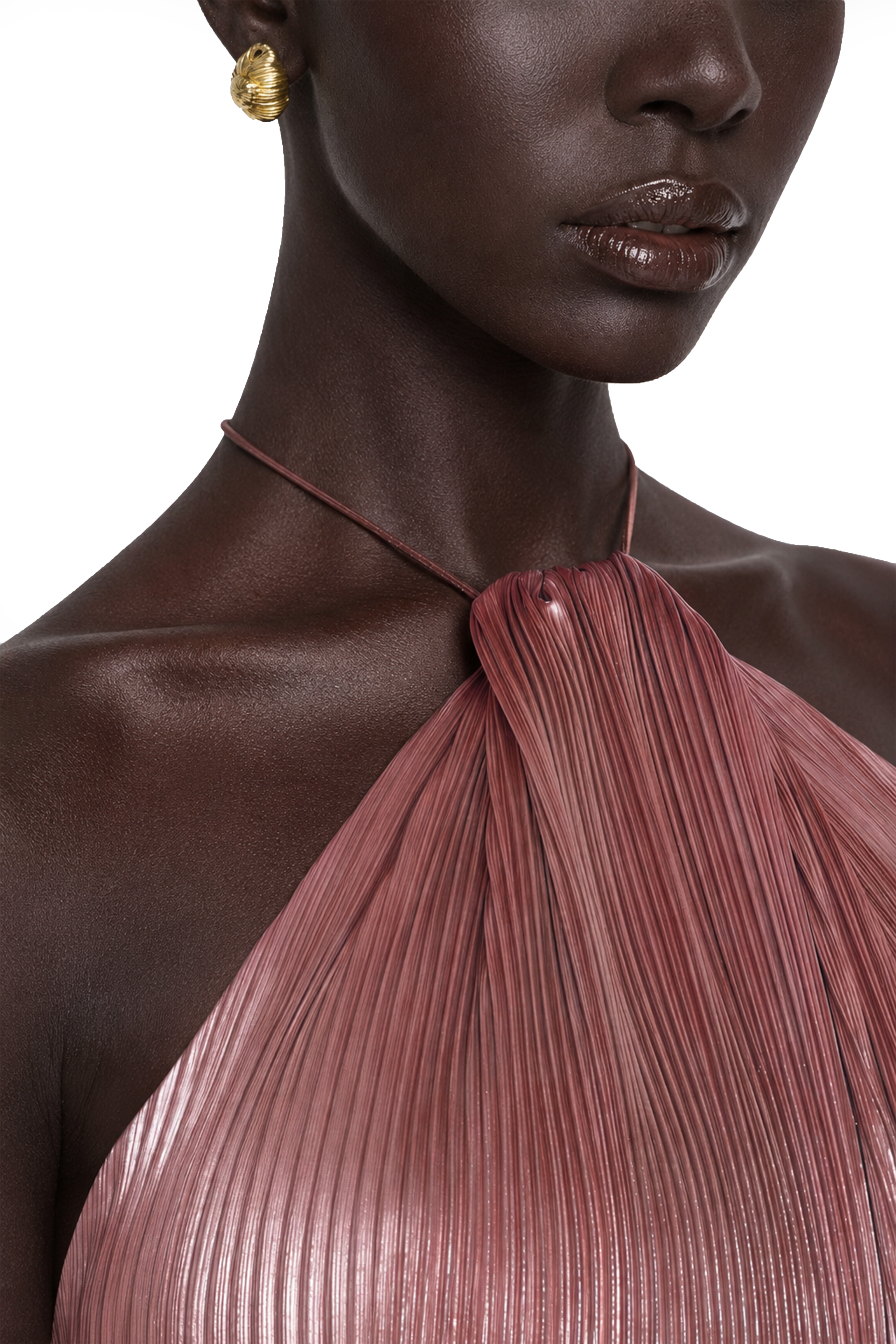 Metallic pink halter gown with a pleated skirt and high slit
