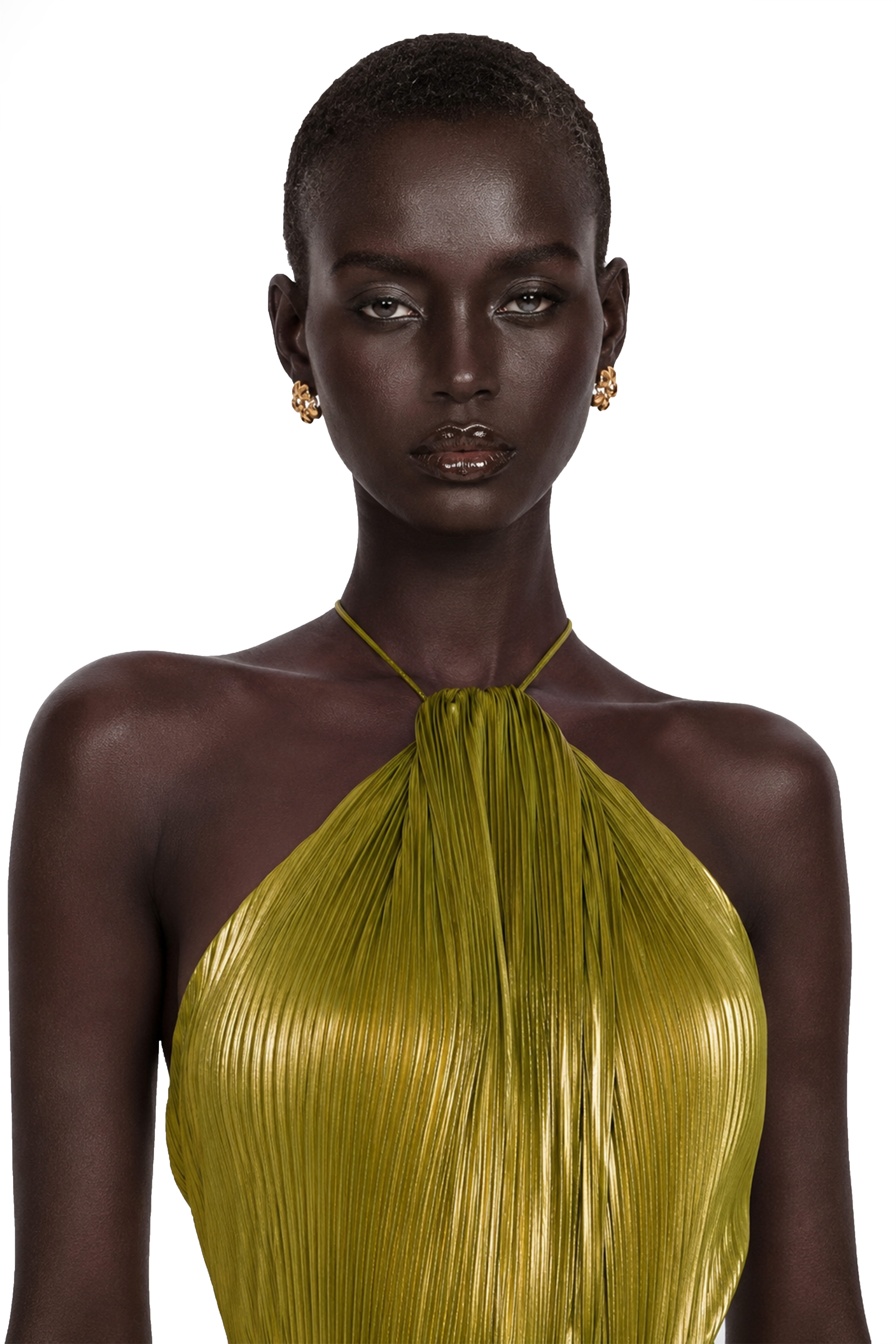 Olive green metallic halter gown with a pleated skirt and high slit