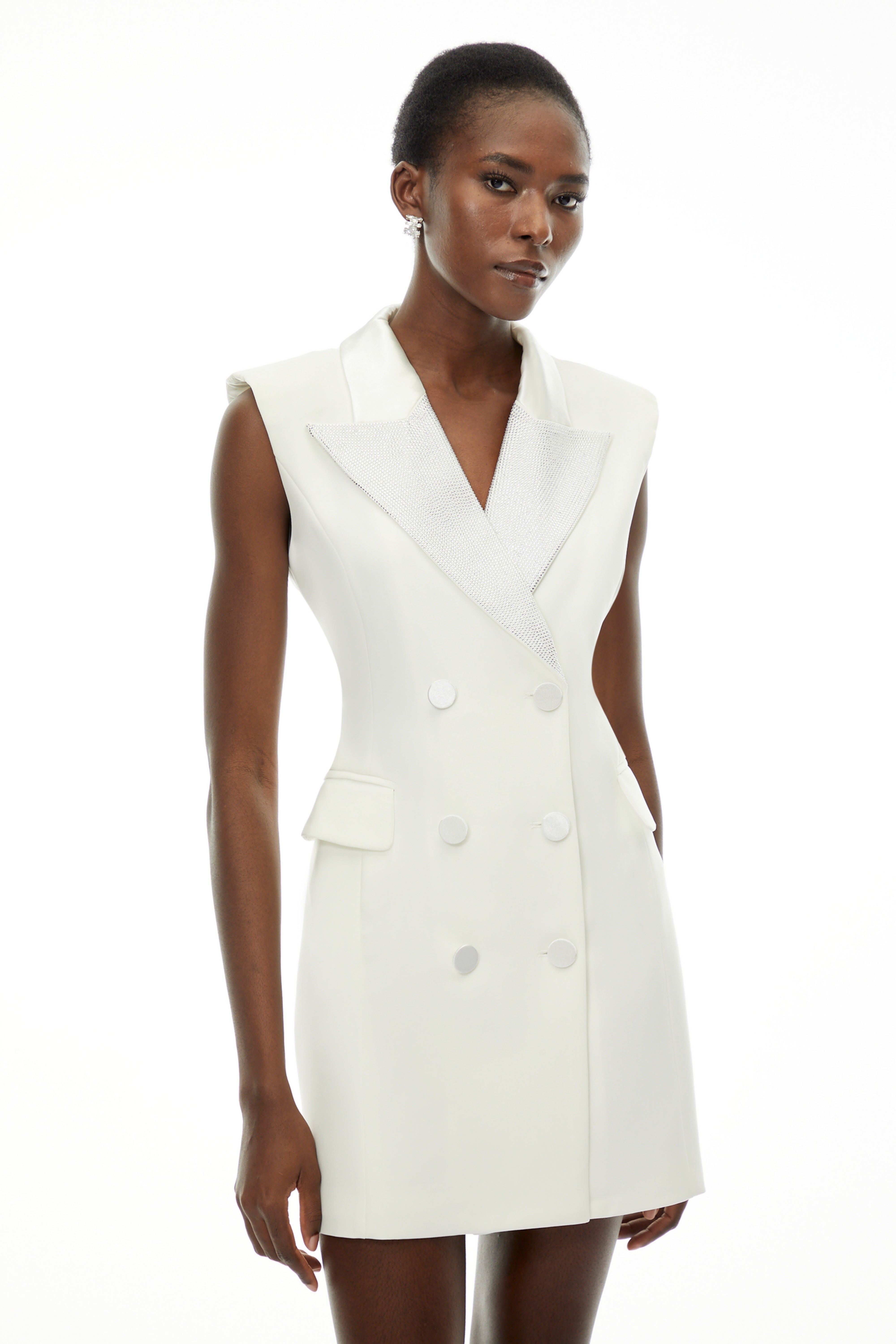 Chiara White Sequin Blazer Dress with Lapel Collar (Final Sale)