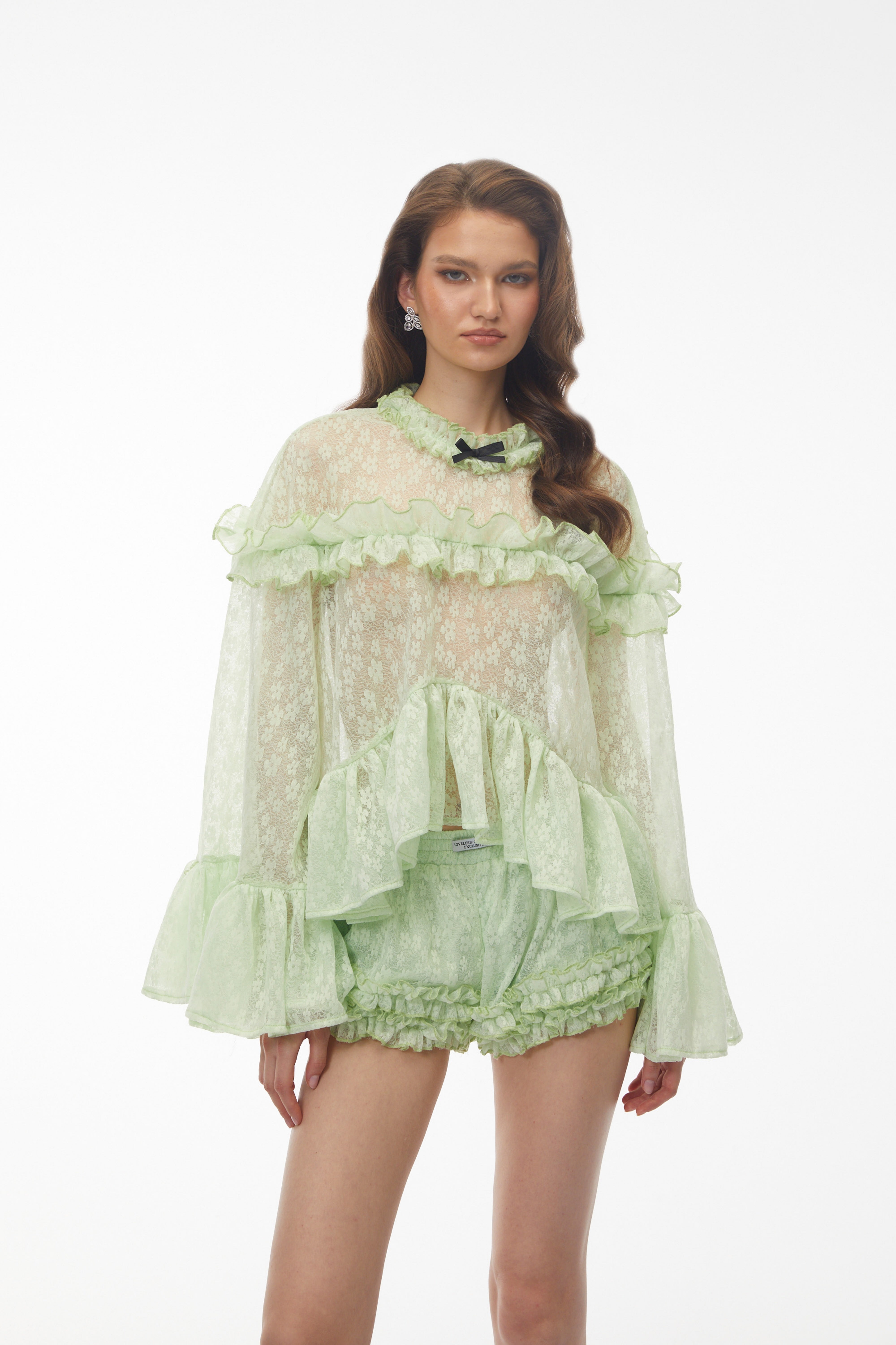 Colette Mint Green Floral Lace Ruffled Top & Shorts Set (Final Sale)