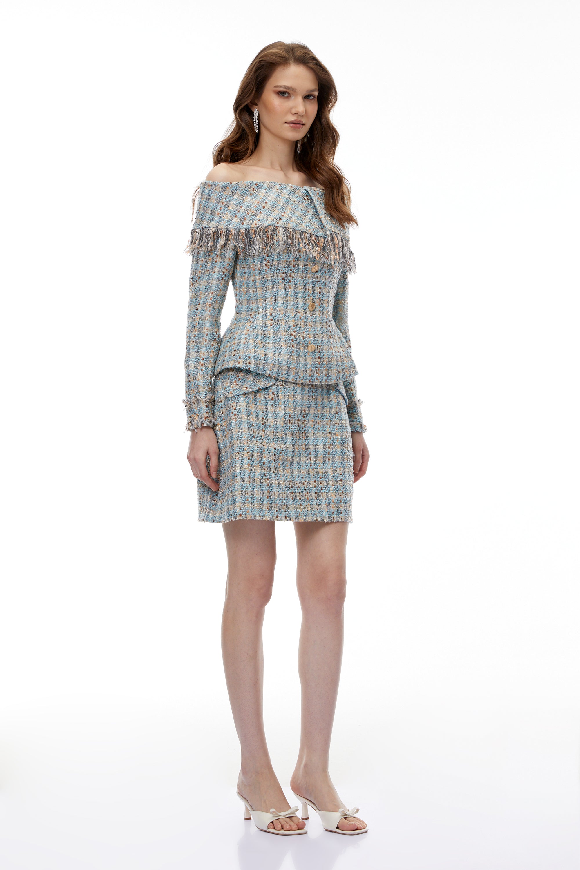 Coraline Blue Off Shoulder Tweed Top & Skirt Set (Final Sale)