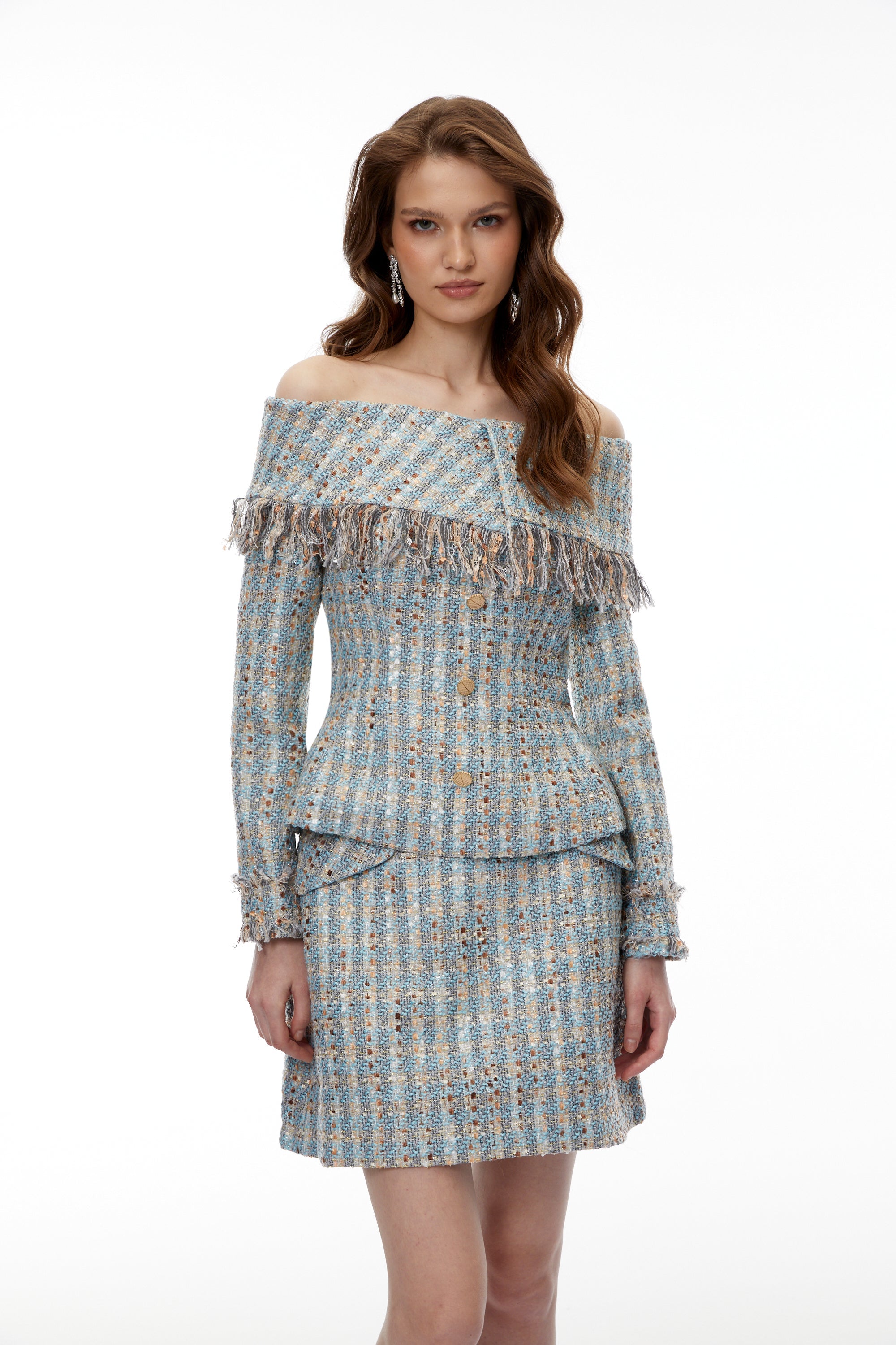Coraline Blue Off Shoulder Tweed Top & Skirt Set (Final Sale)