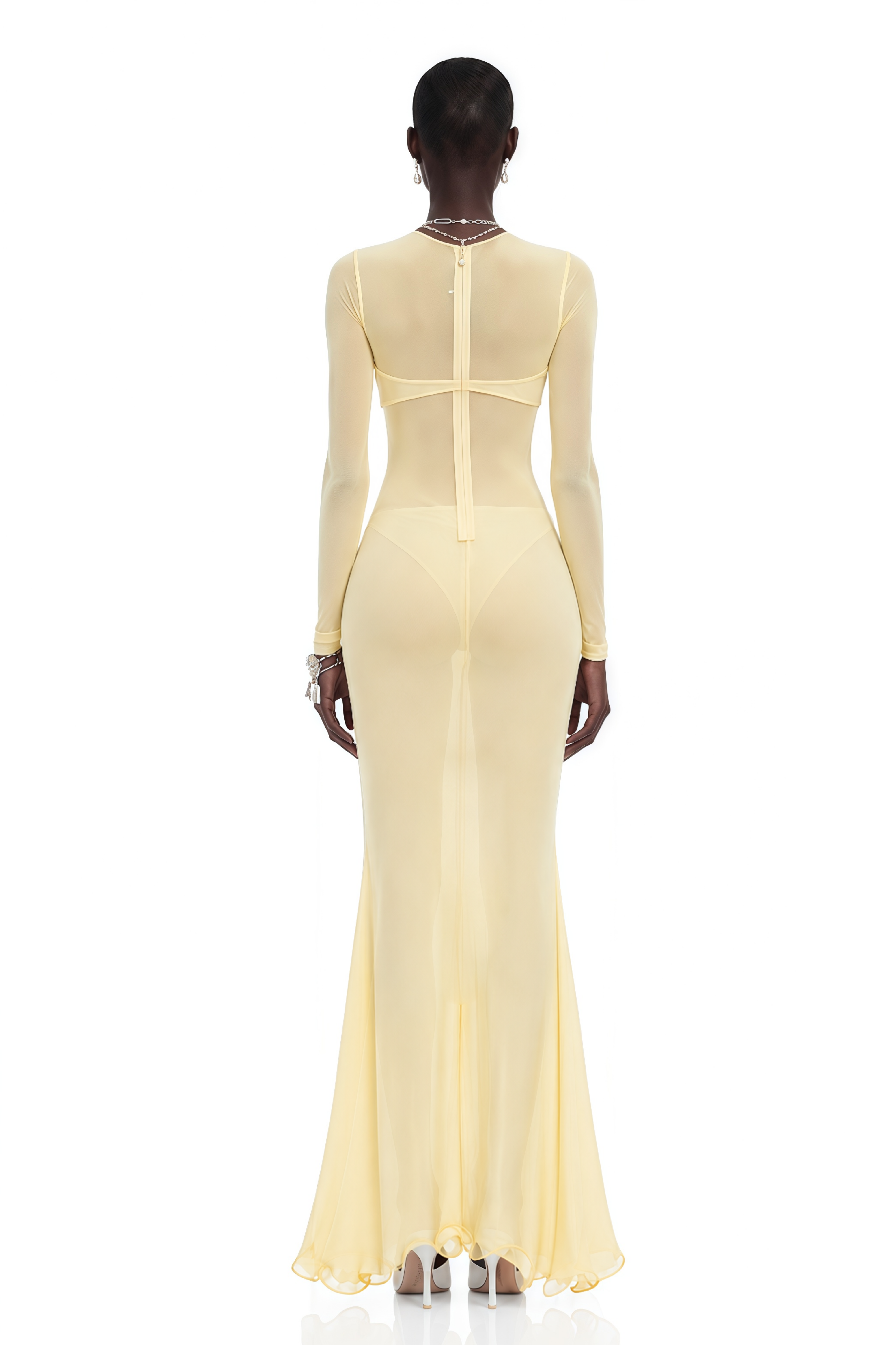 Cressida Yellow Cut-Out Semi-Sheer Fishtail Maxi Dress