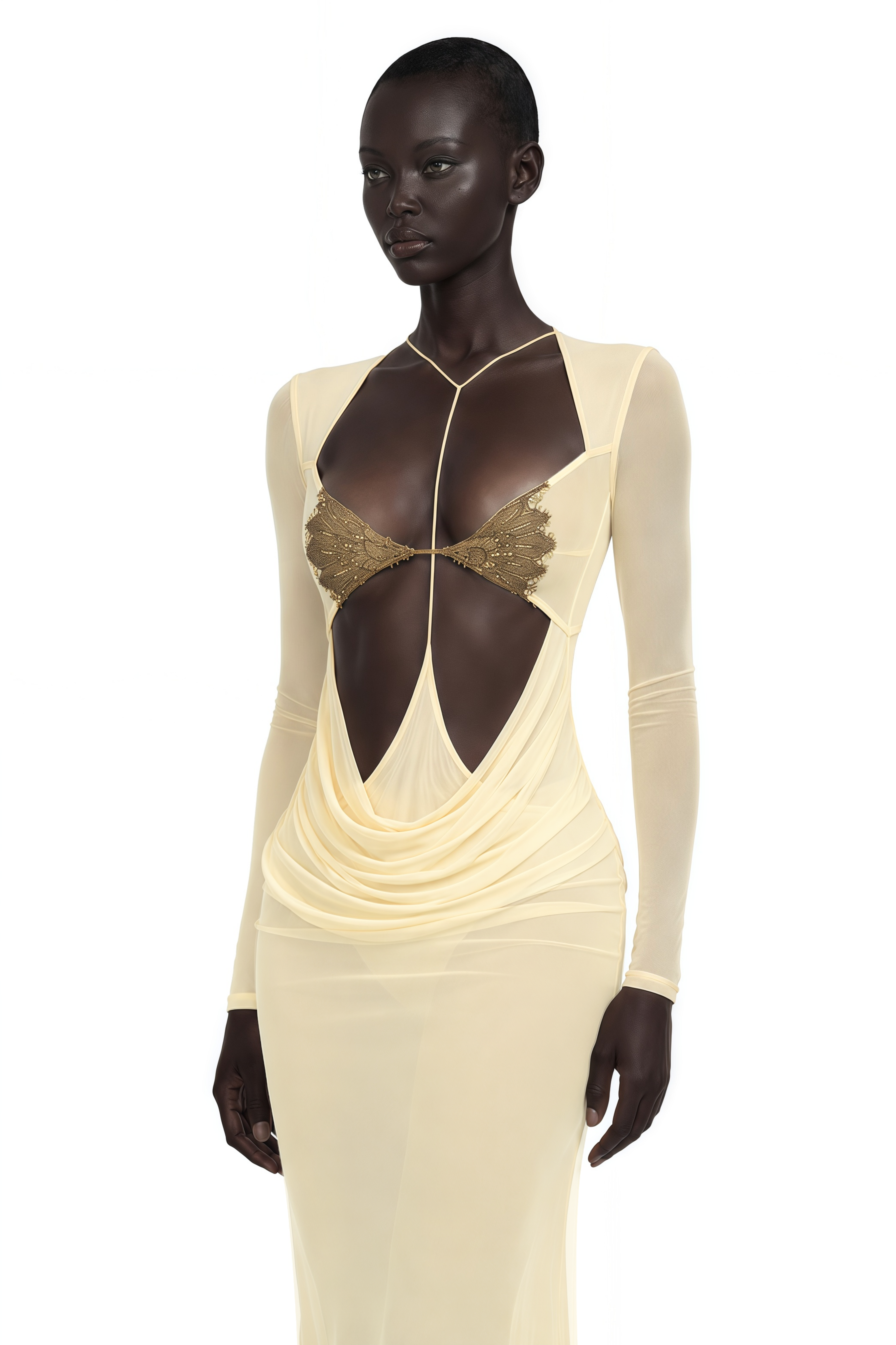 Cressida Yellow Cut-Out Semi-Sheer Fishtail Maxi Dress