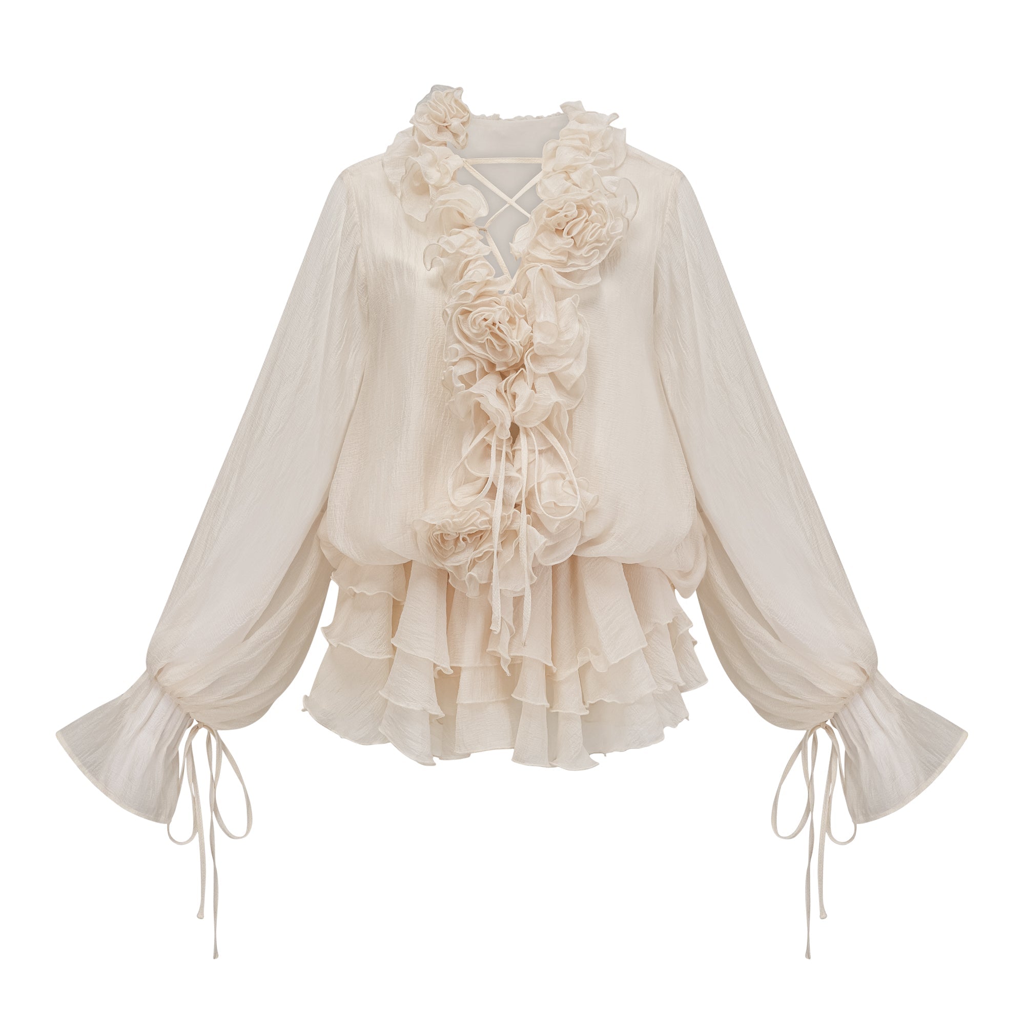 Zéphyrine Floral-Appliqué Tiered Mini Dress in Neutrals