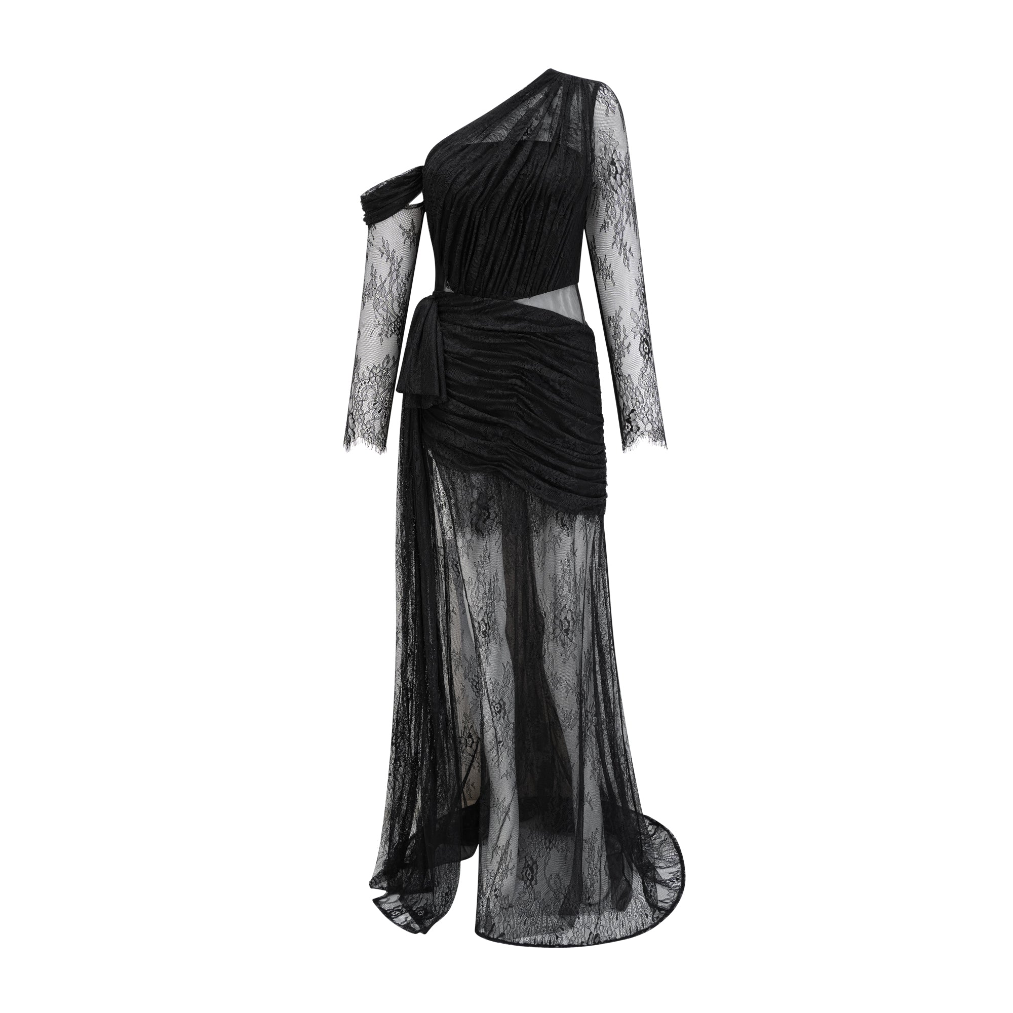 Black One-Shoulder Lace Maxi Dress with Ruched Detailing and High Leg Slit