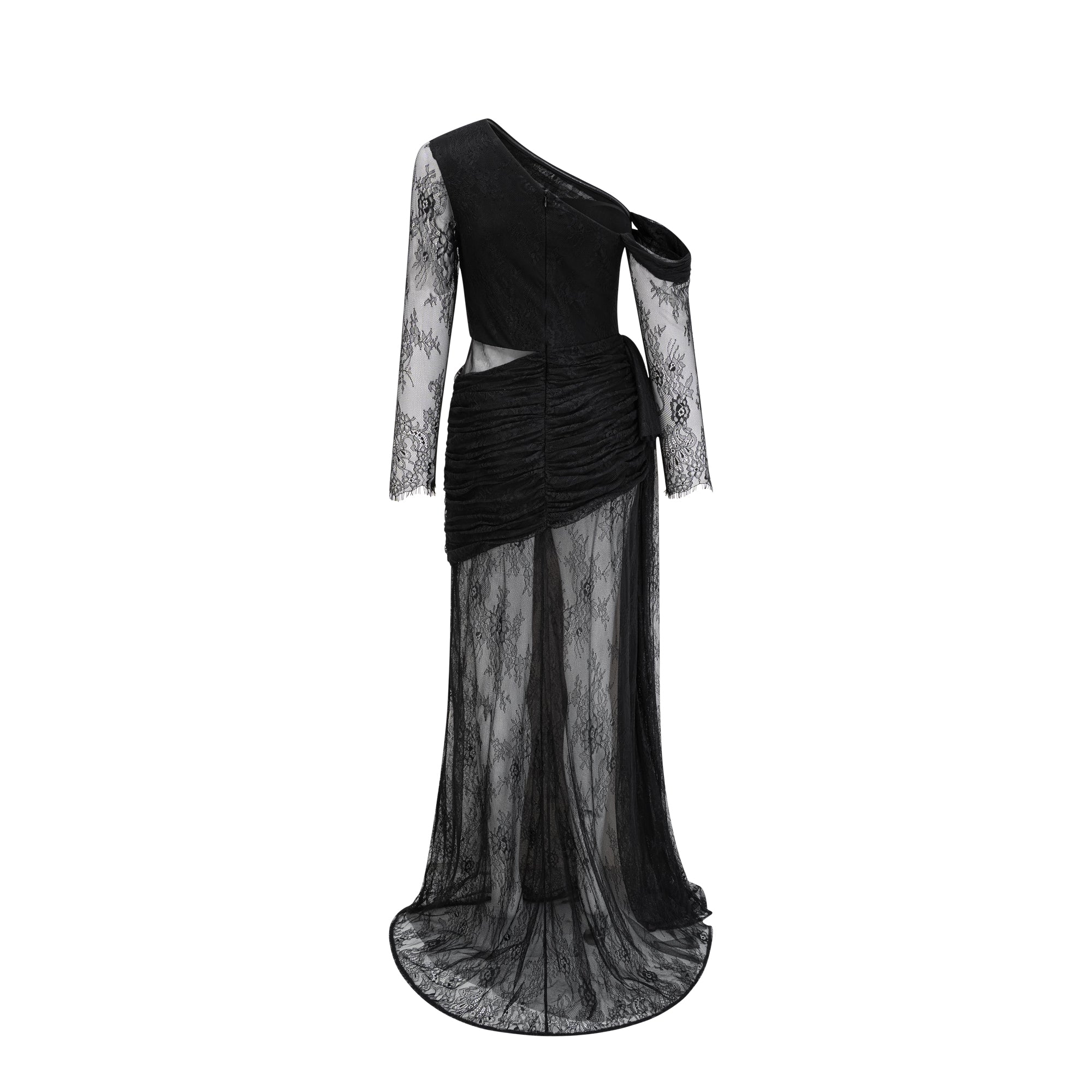 Black One-Shoulder Lace Maxi Dress with Ruched Detailing and High Leg Slit