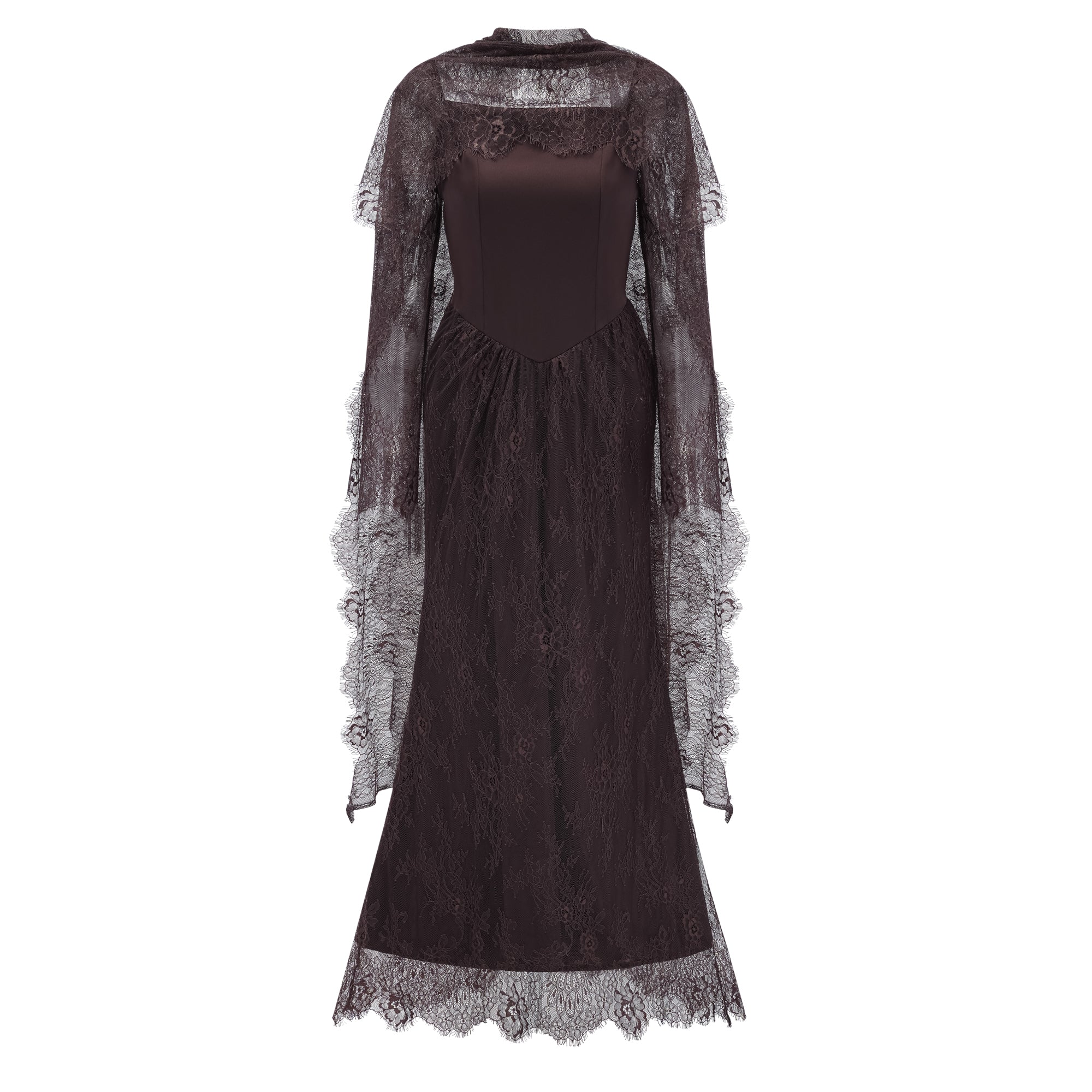 Christa Brown Floral Lace Maxi Dress with Cape (Final Sale-US Only)