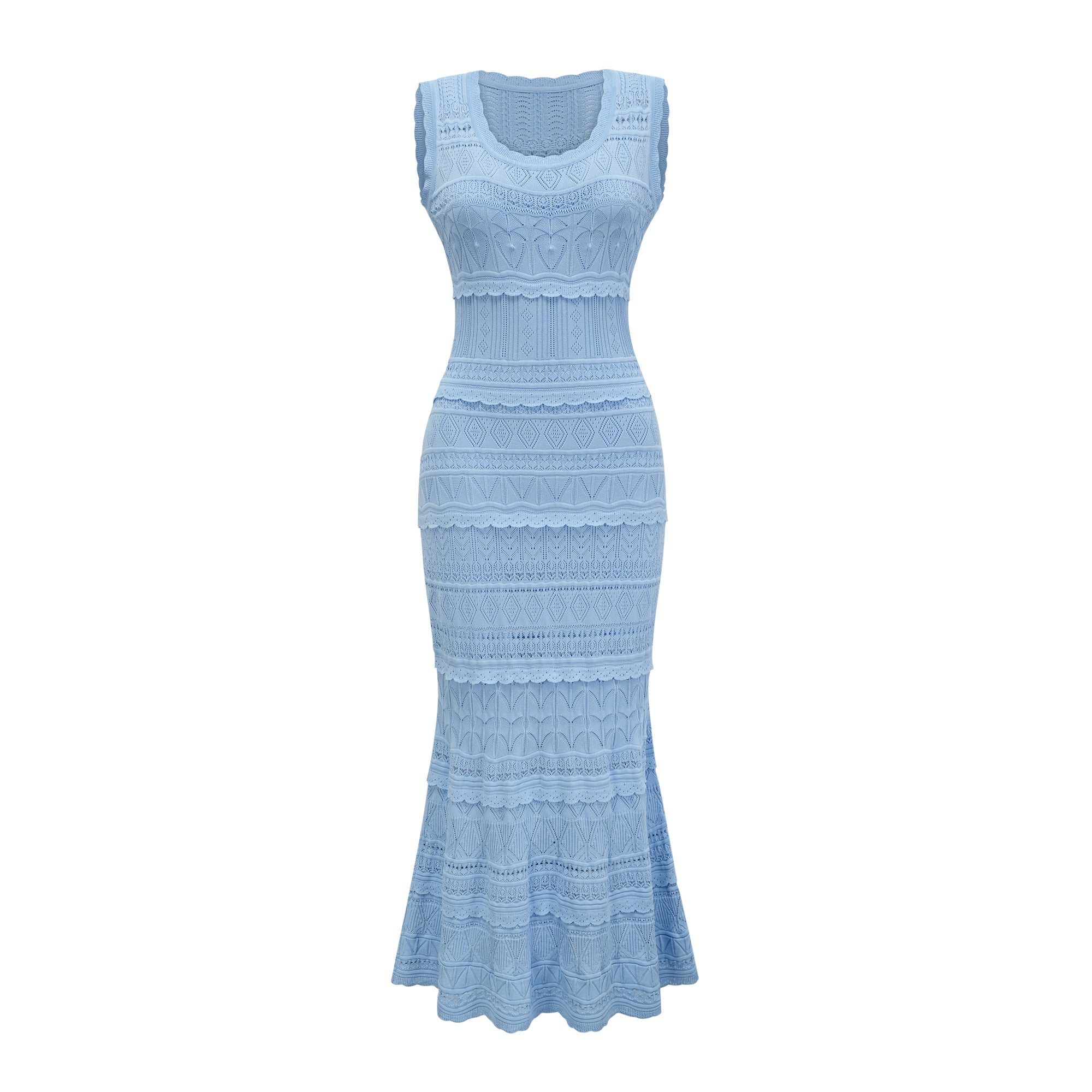 Mailys Blue Ruffled-Trim Crochet-Knit Midi Dress