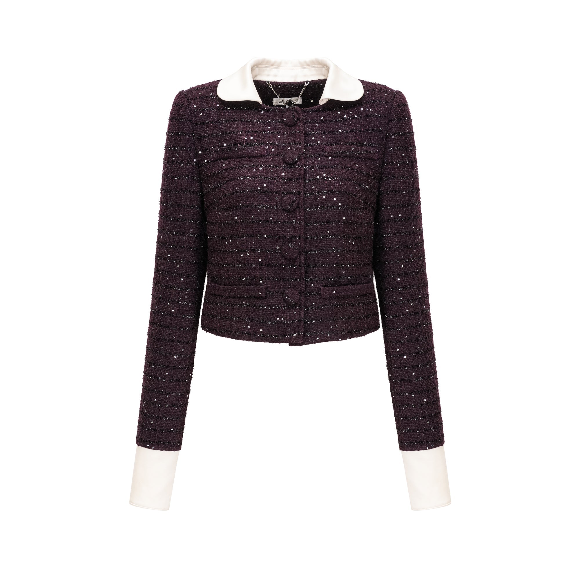 Purple tweed jacket and mini skirt set