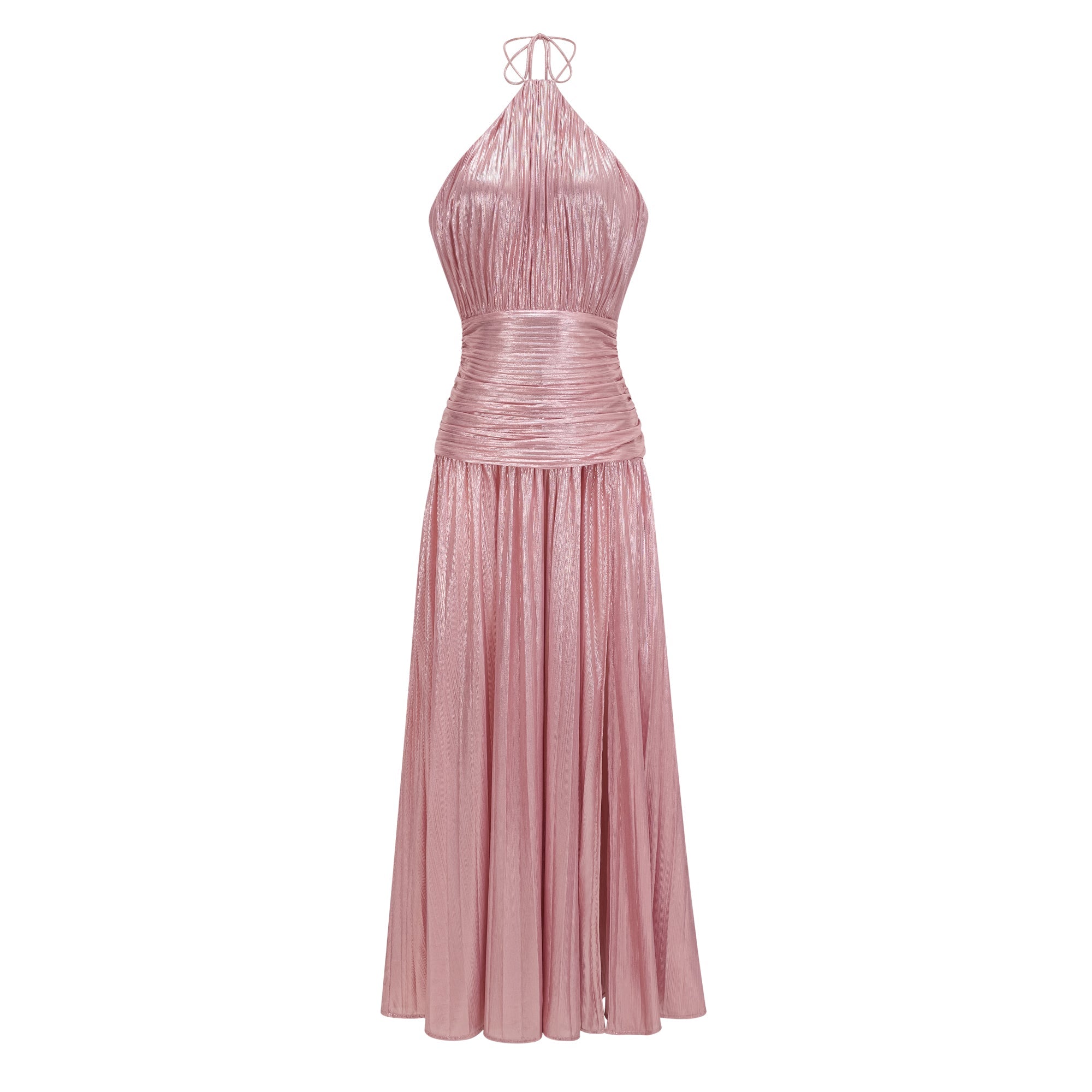 Metallic rose pink pleat halter gown with a cinched waist and high leg slit