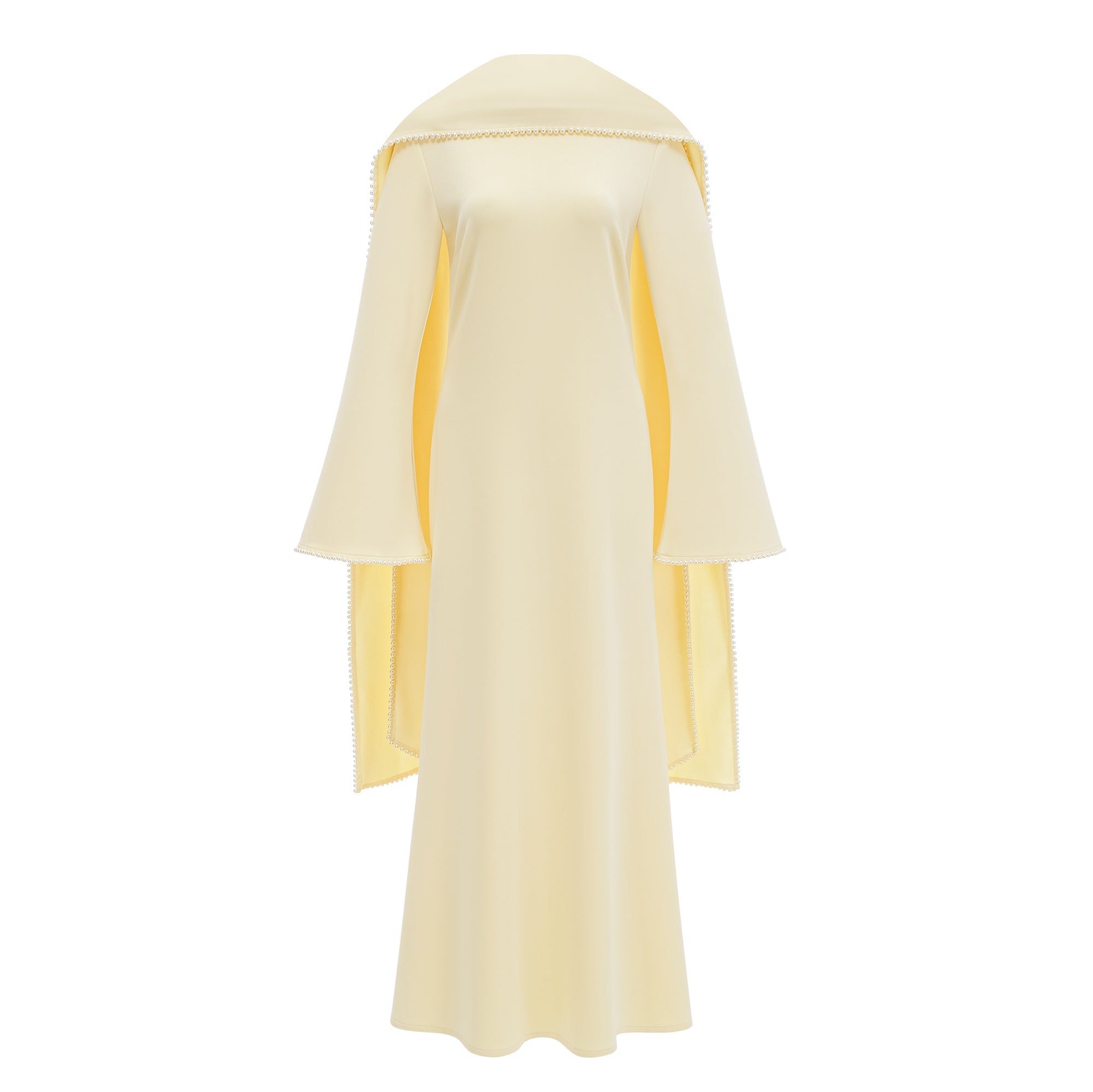 Light yellow long-sleeve maxi dress with a matching beaded cape overlay