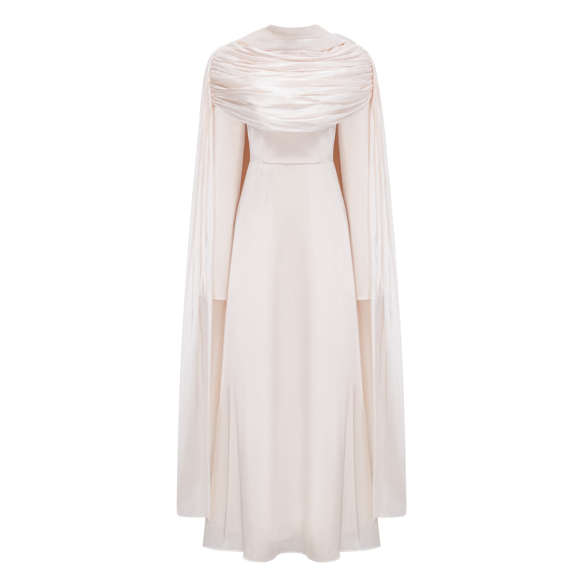 Hege Cream Glossy Ruched Cape Maxi Dress (Final Sale)