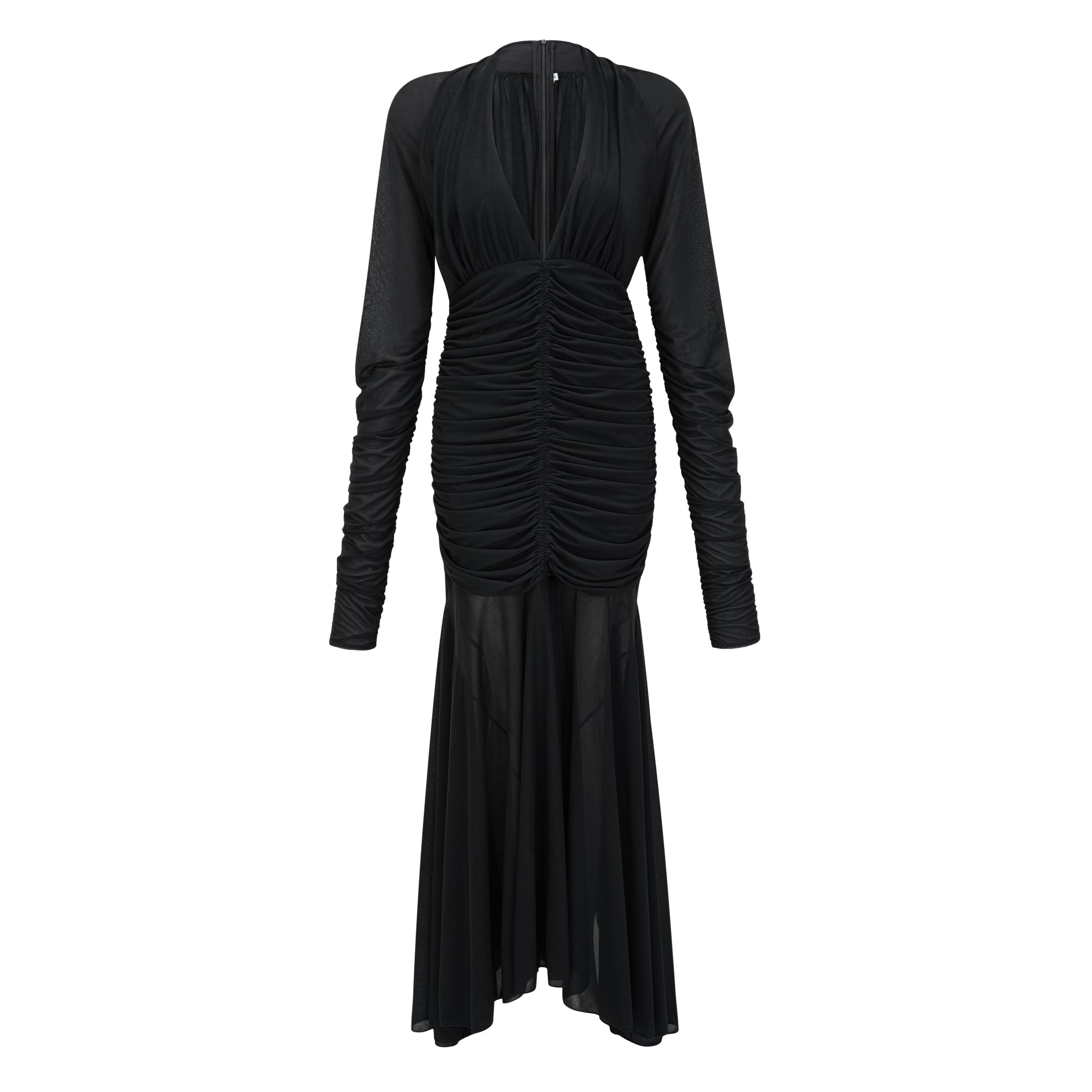 Greta Black Ruched Sheer Mesh Maxi Dress (Final Sale-US Only)