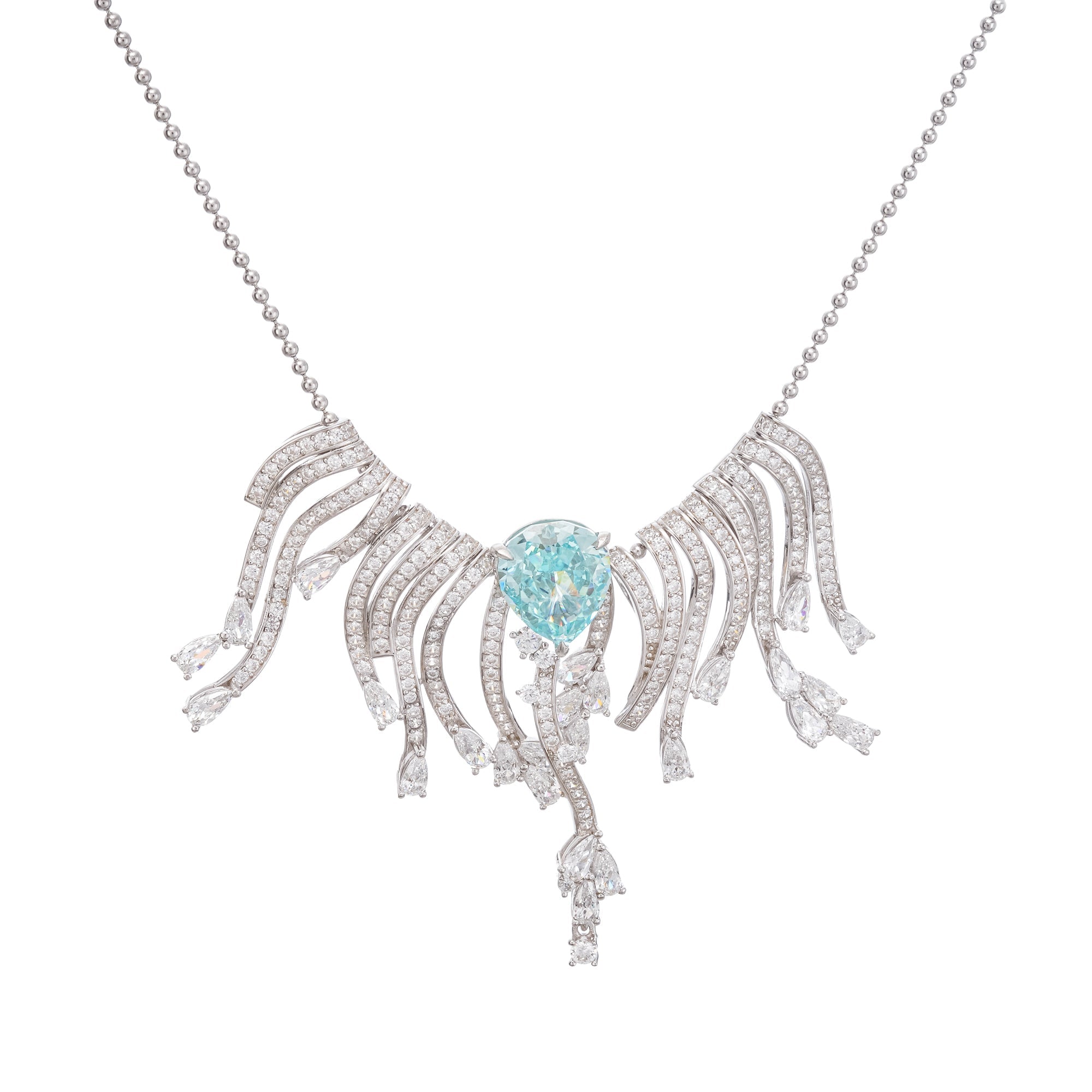 Beata Aquamarine Pear Cut Gemstone Asymmetrical Pendant Sterling Silver Necklace