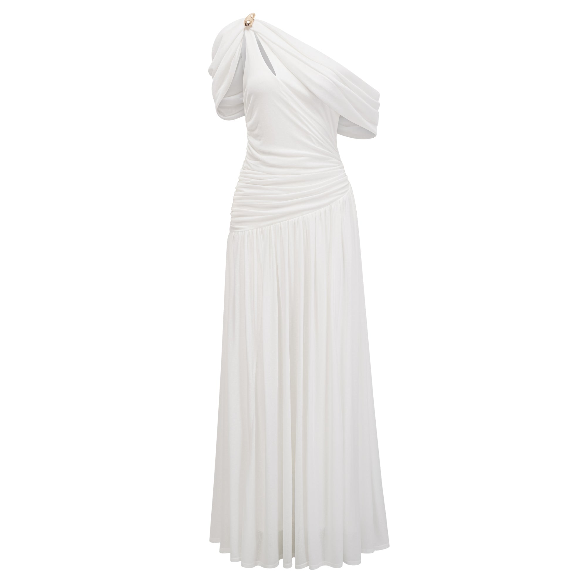 Sigrun White Asymmetrical Gathered Maxi Dress (Final Sale-US Only)