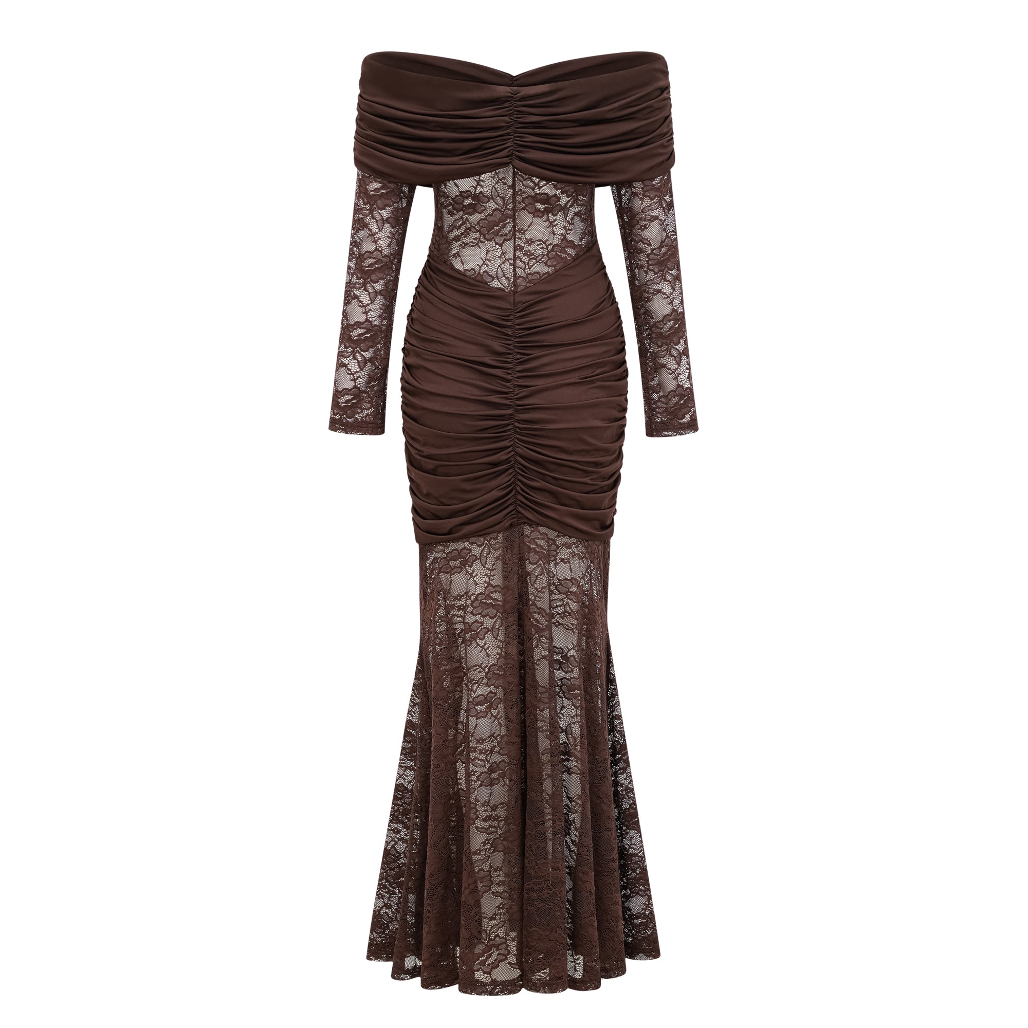Brigitte Brown Lace Panel Ruched Maxi Dress (Final Sale)