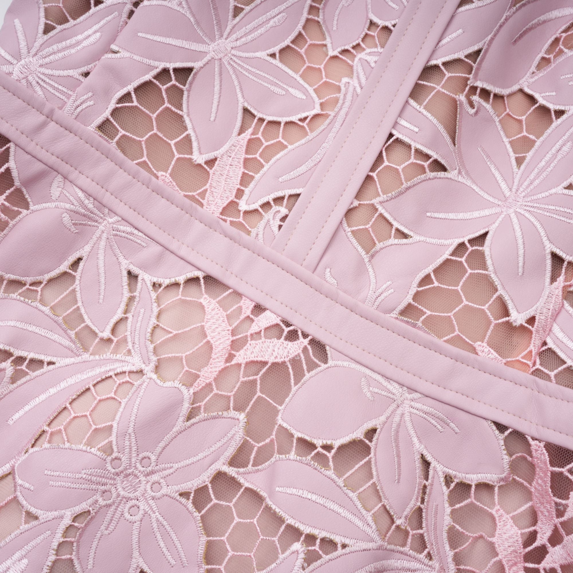 Pink floral laser-cut midi dress with short sleeves and a high neckline