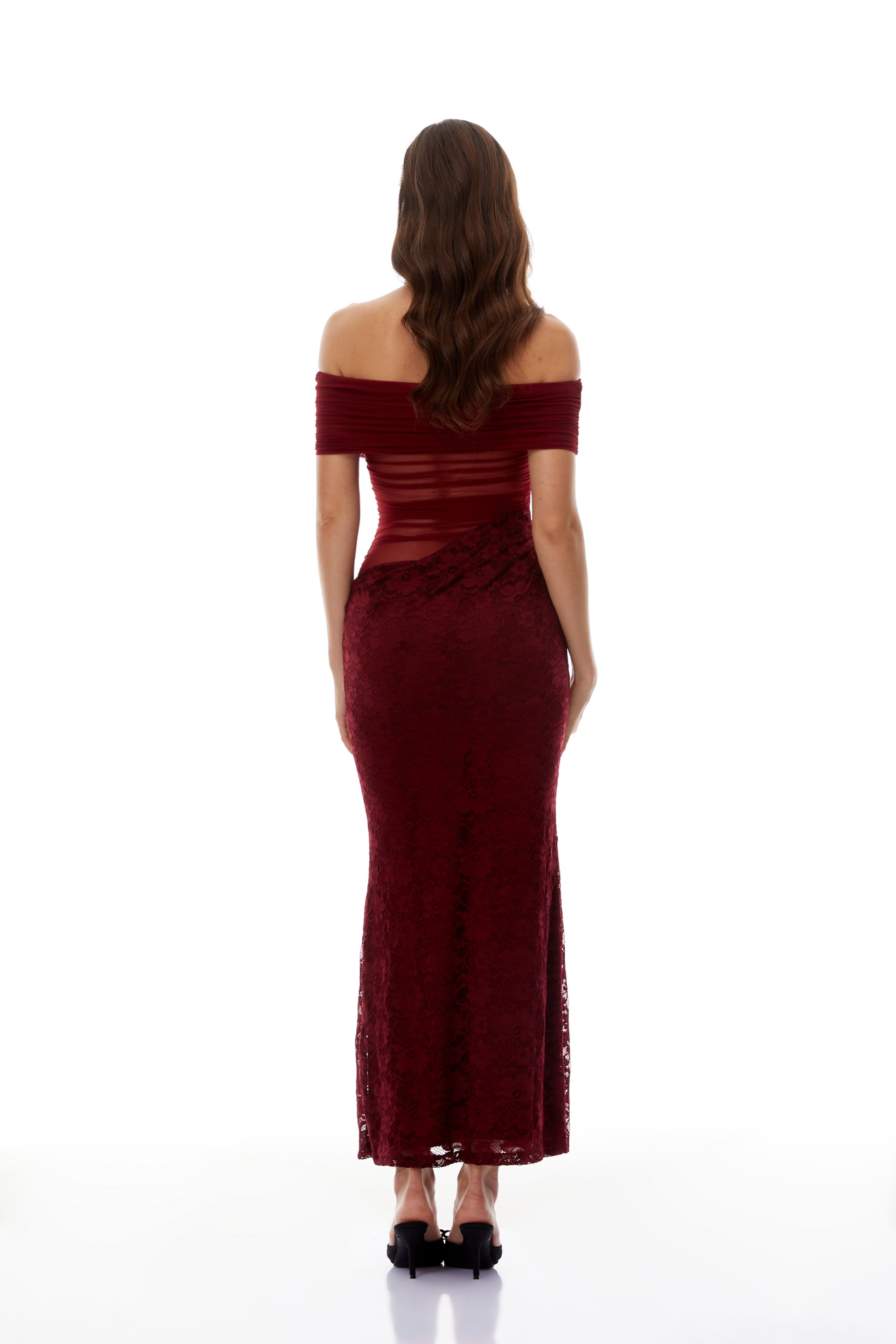 Dianthe Red Lace Panel Mesh Midi Dress (Final Sale)