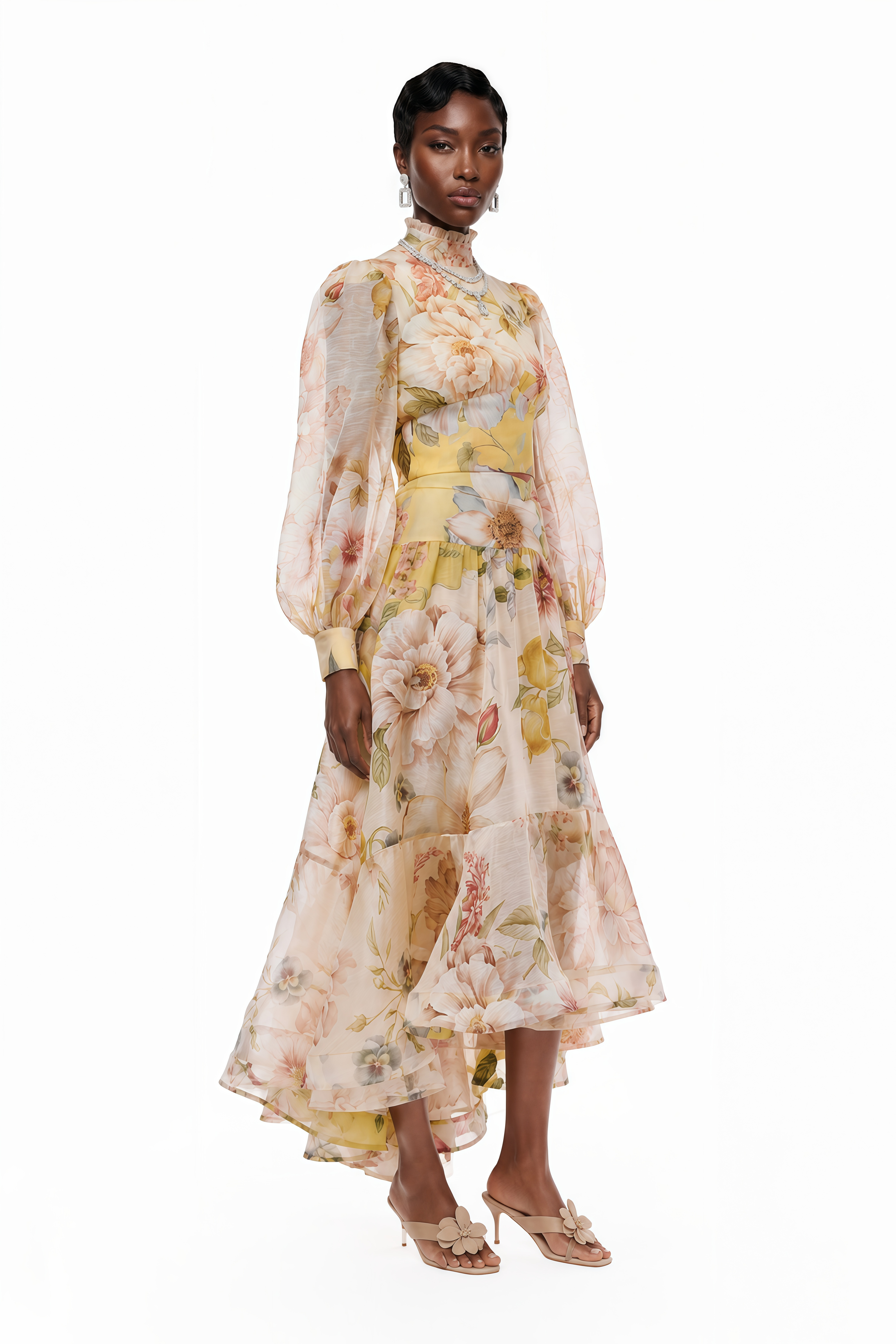 Floral print high-low midi dress with a high neck, long puff sleeves, and a tiered ruffled skirt