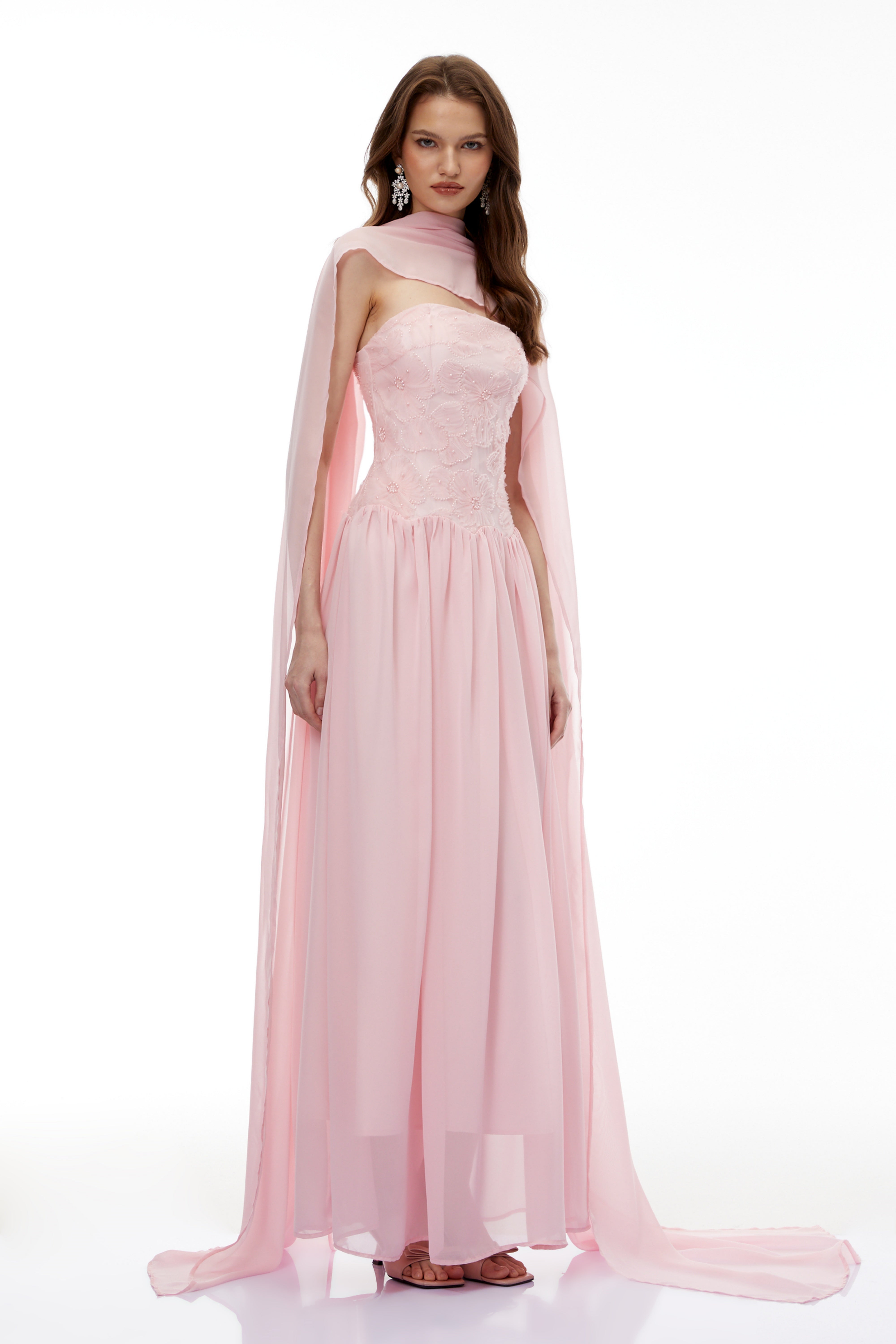 Dobromila Pink Floral Embroidered Pleated Maxi Dress (Final Sale-US Only)