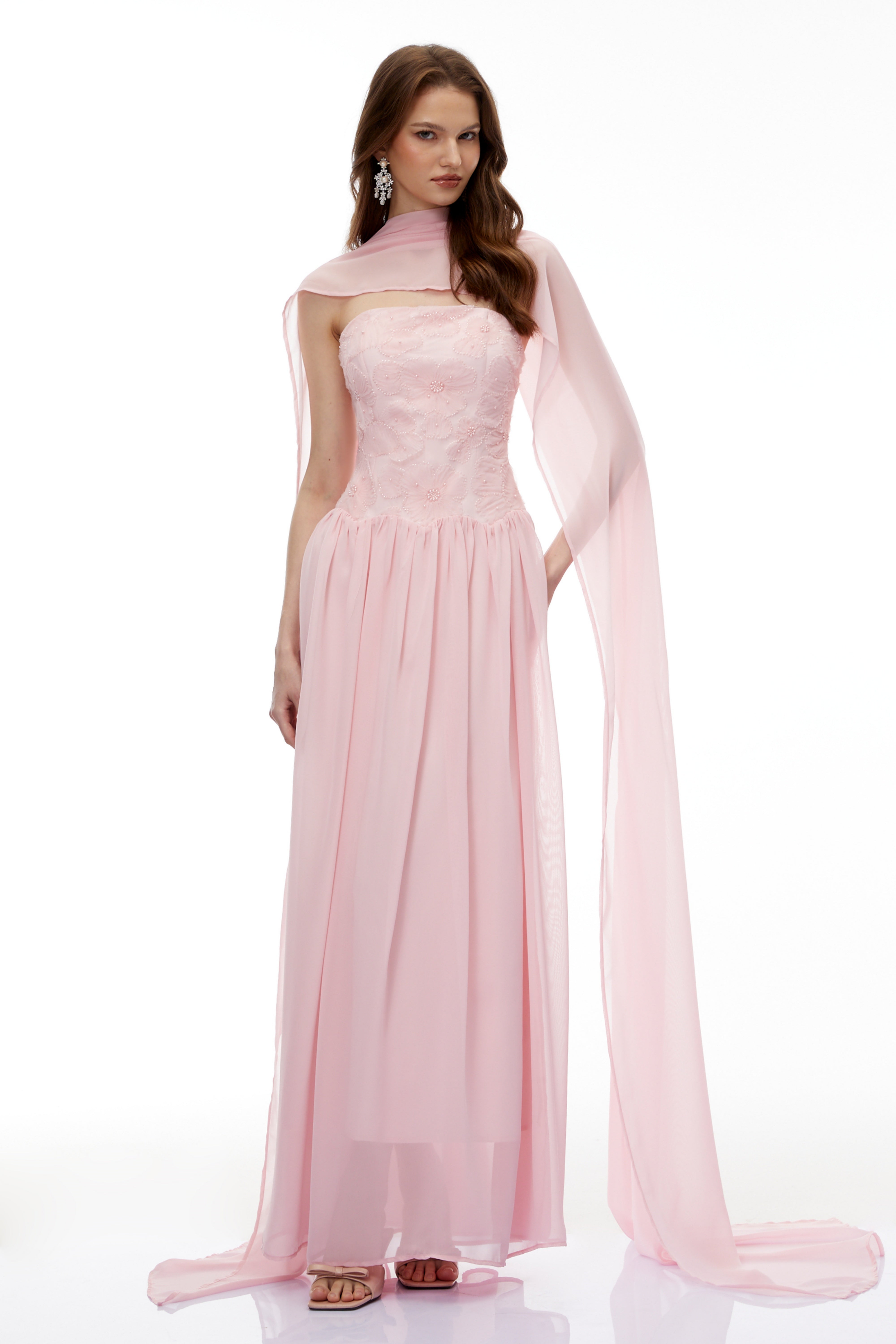 Dobromila Pink Floral Embroidered Pleated Maxi Dress (Final Sale-US Only)