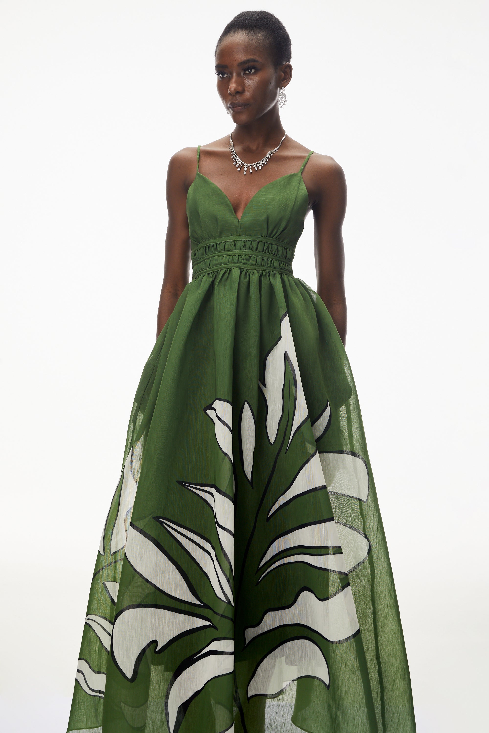 Dryope Emerald Green Plunge Neck Ruched Maxi Dress (Final Sale-US Only)