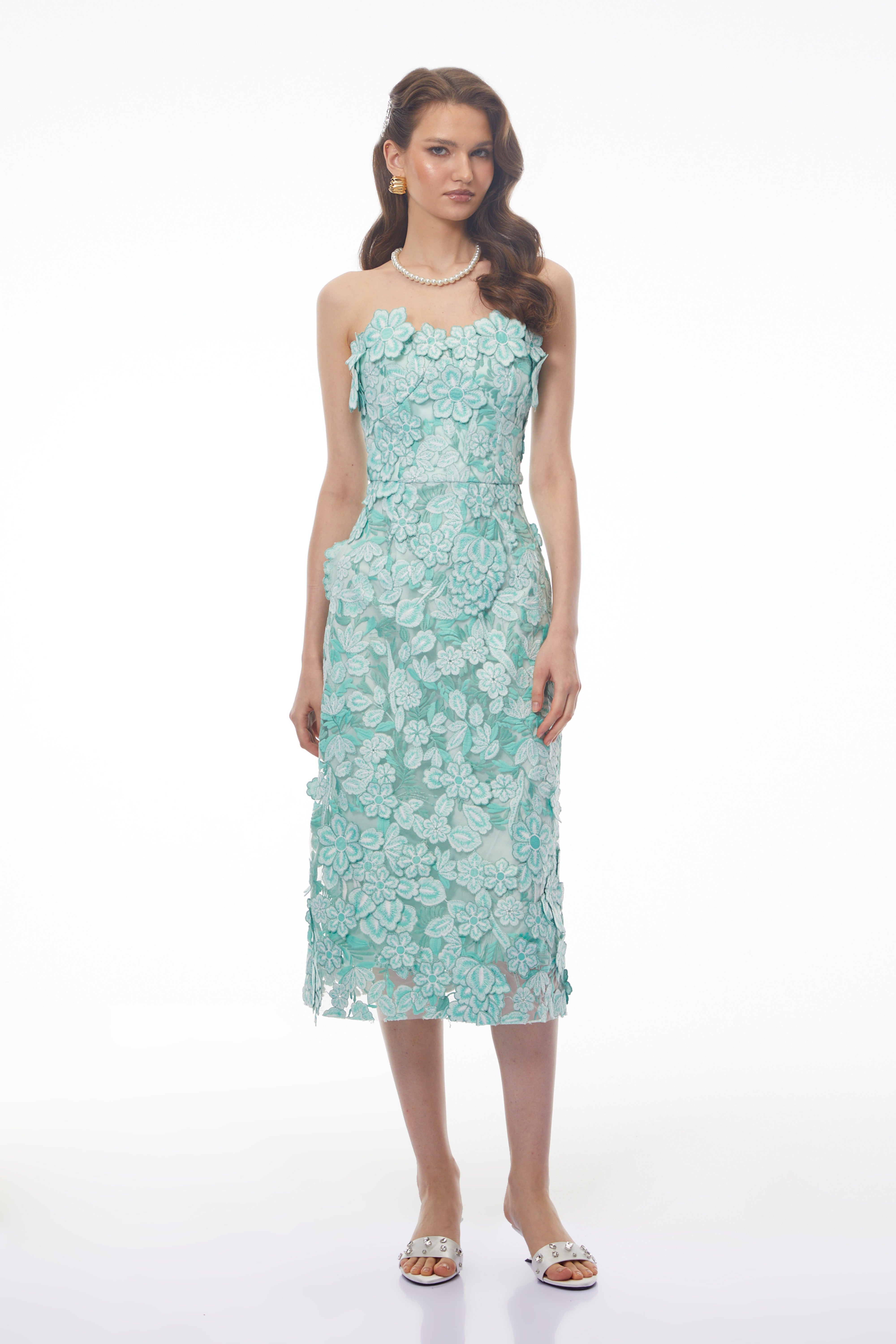 Duygu Green Off Shoulder Midi Dress with 3D Florals (Final Sale-US Only)