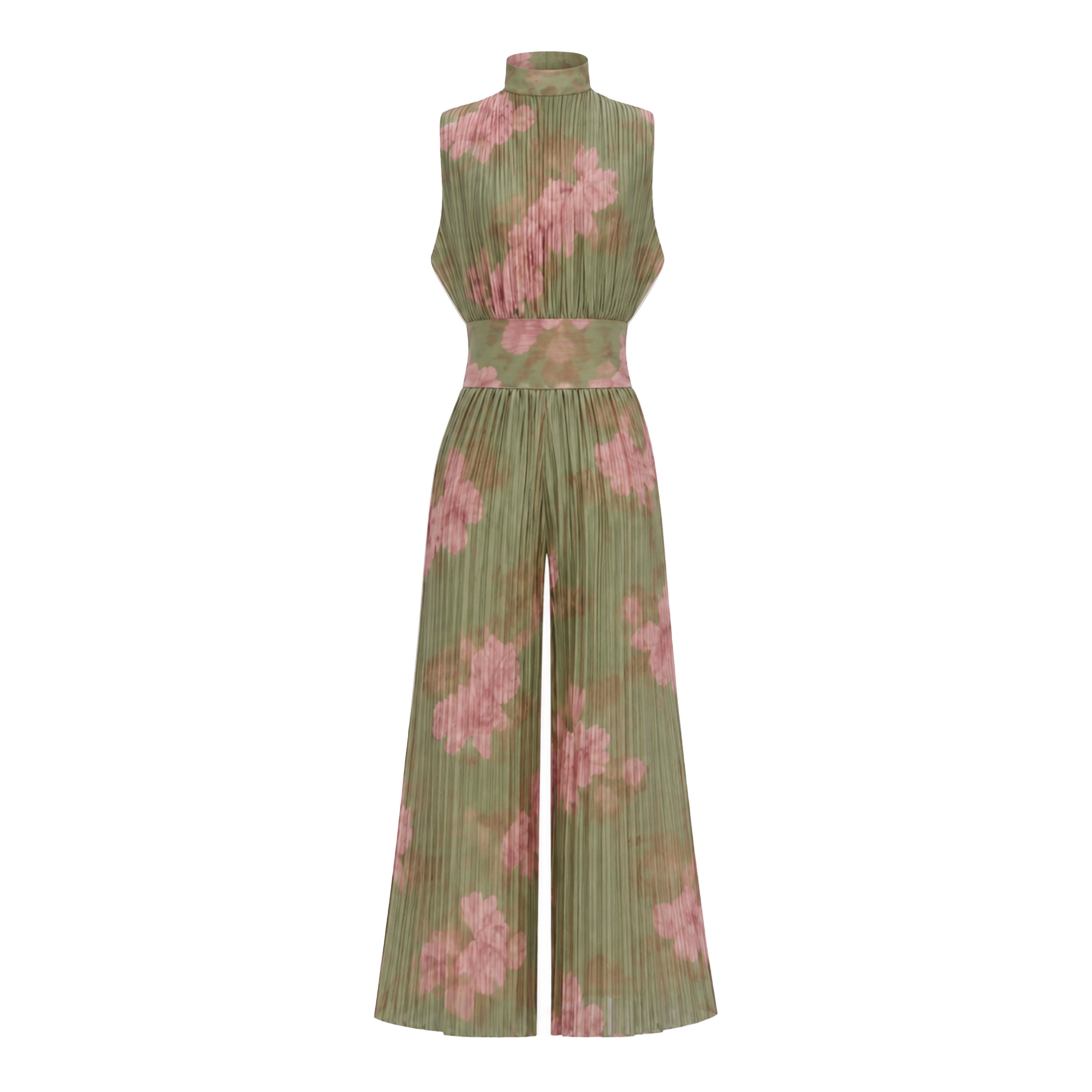 Ecem Green Mock Neck Ruched Jumpsuit with Floral Print